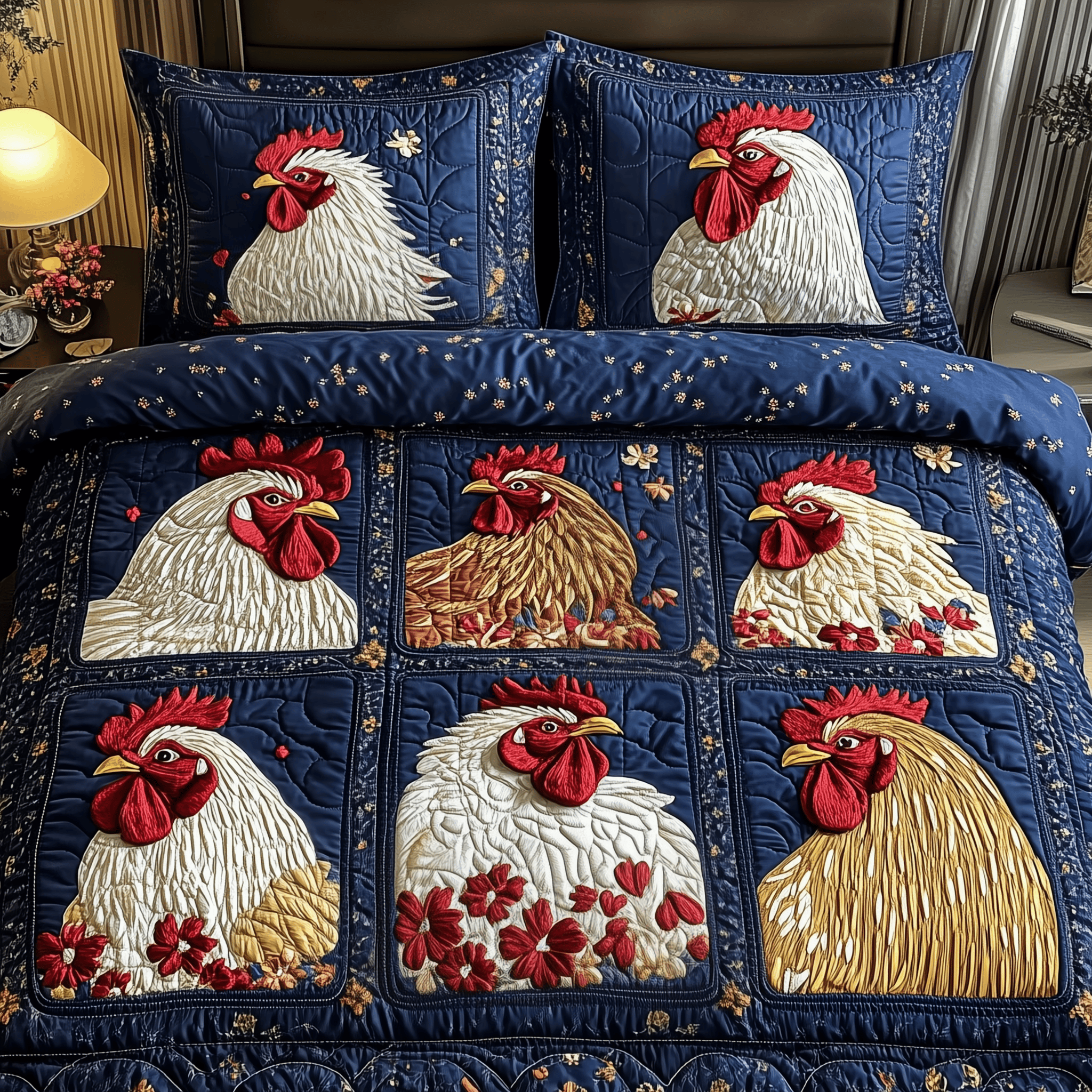 Festive Chicken Quilted Bedding Set Gifts For People Who Raise Chickens