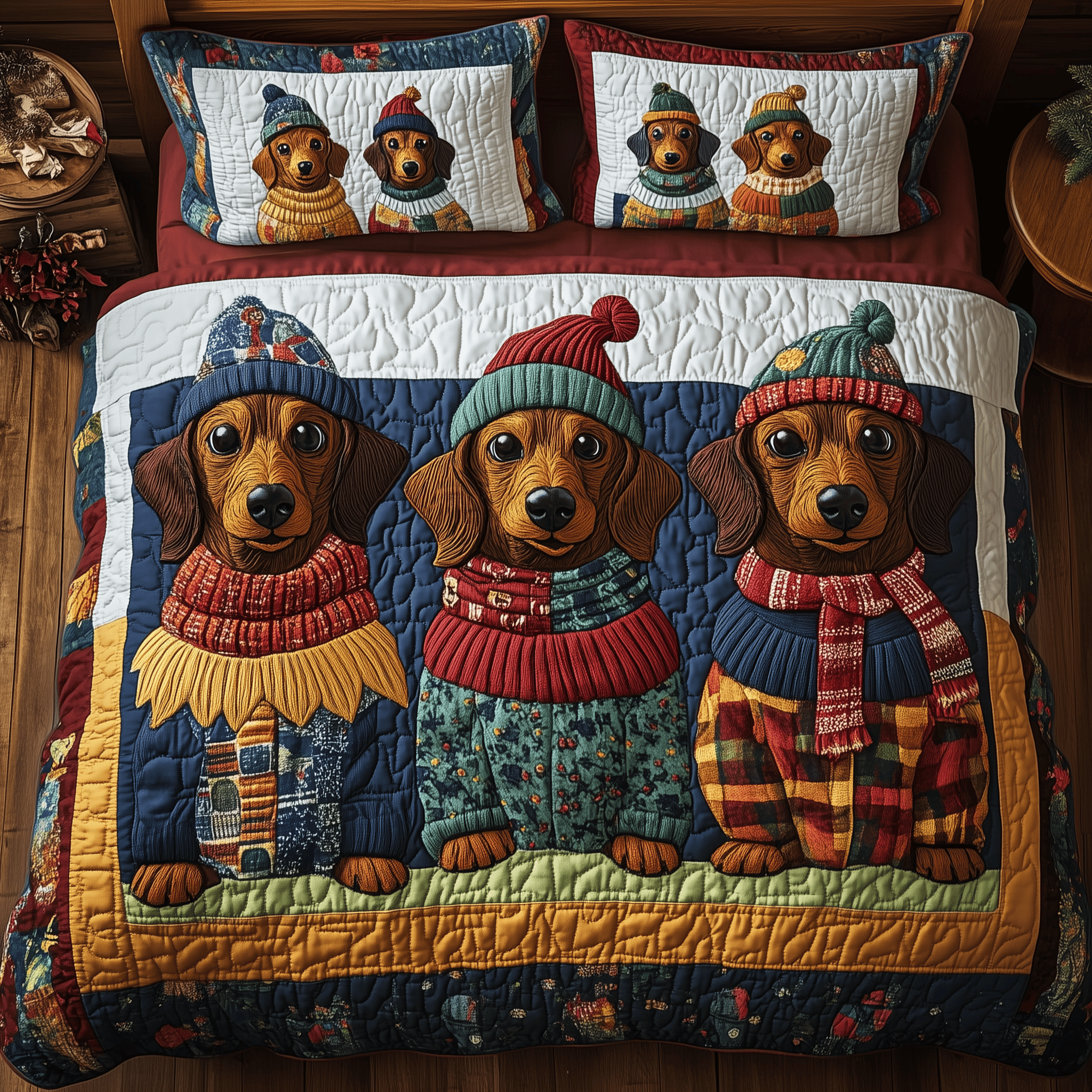 Festive Dachshund Friends Quilted Bedding Set Best Valentines Day Dachshund Dad Gifts
