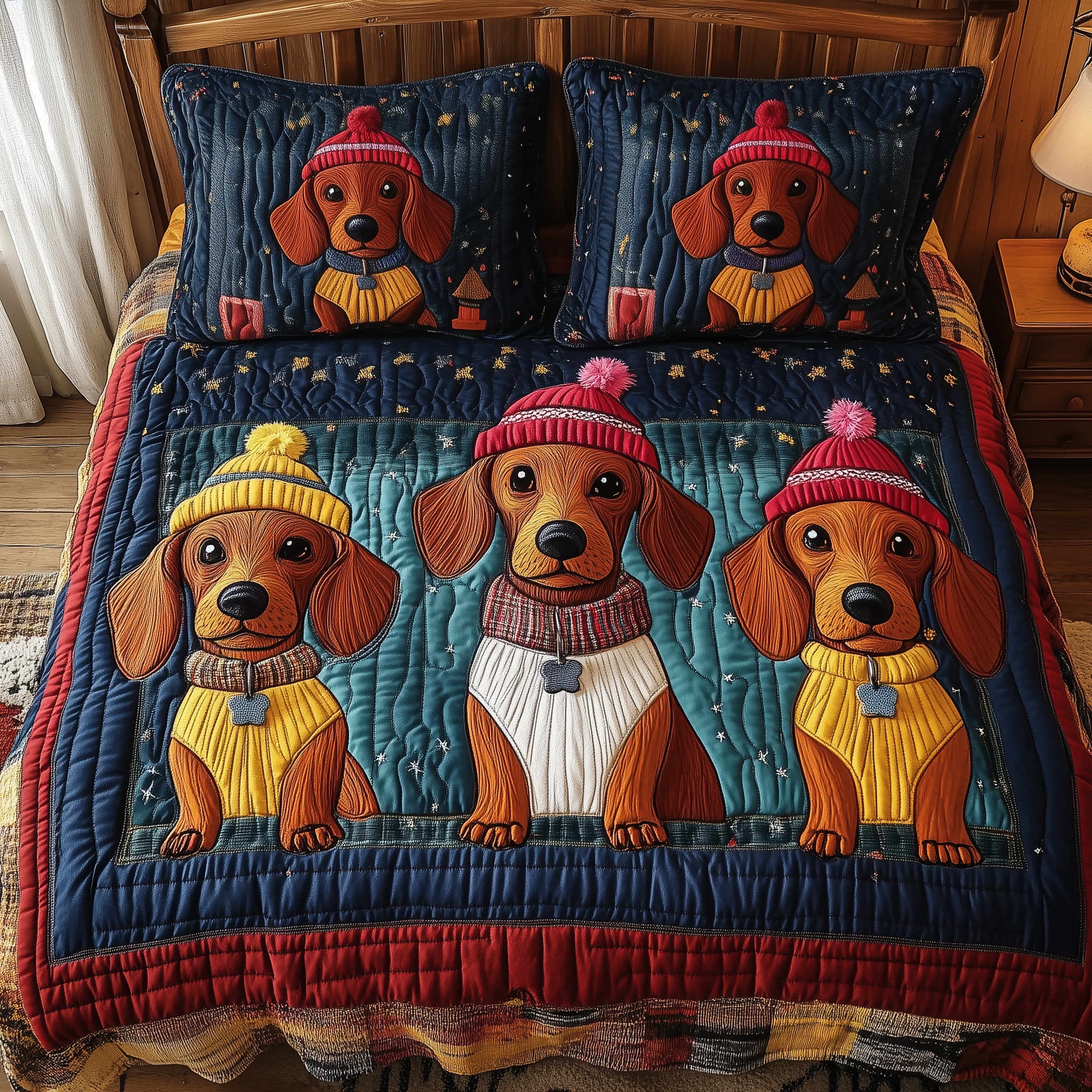 Festive Dachshund Friends Quilted Bedding Set Best Valentines Day Dachshund Owner Gifts