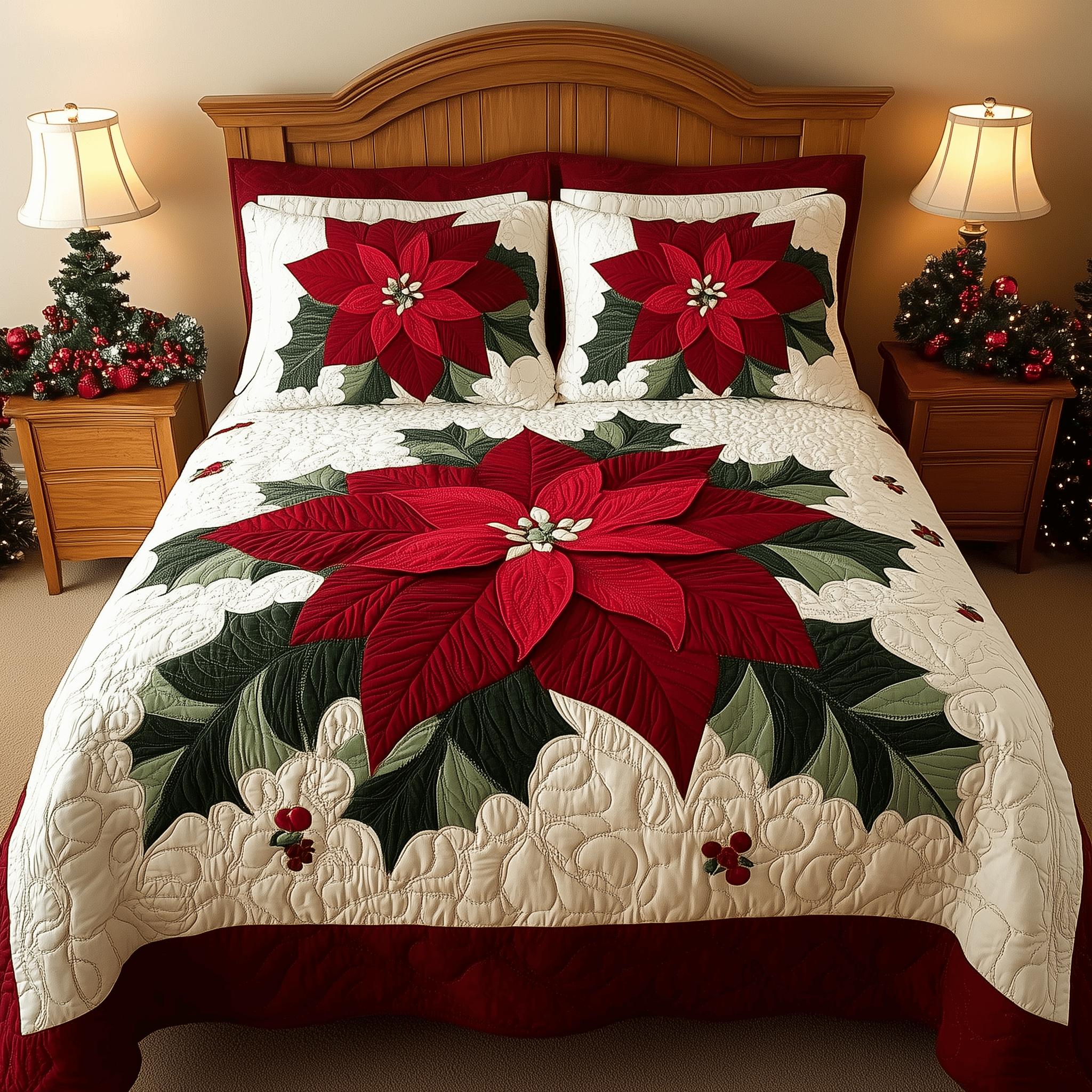 Festive Poinsettia Quilted Bedding Set  Stay warm this winter Christmas Gifts For Husband