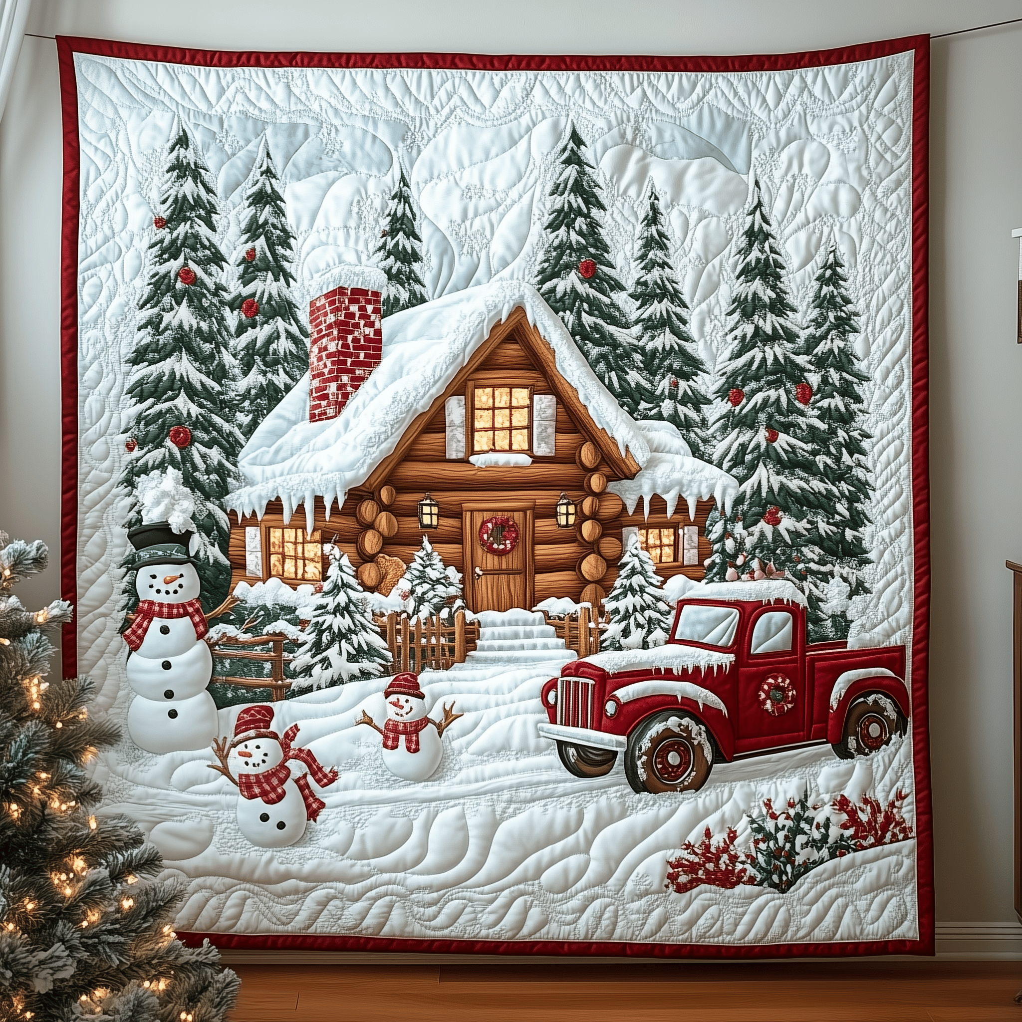 Festive Snowy Log Cabin Quilted Blanket Family Christmas Presents