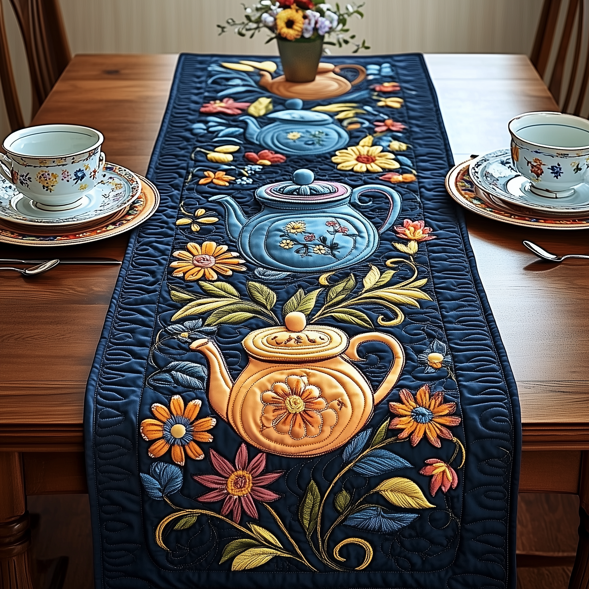Festive Teapot Quilted Table Runner Add a Classic Tea-Lover's Touch to Any Setting