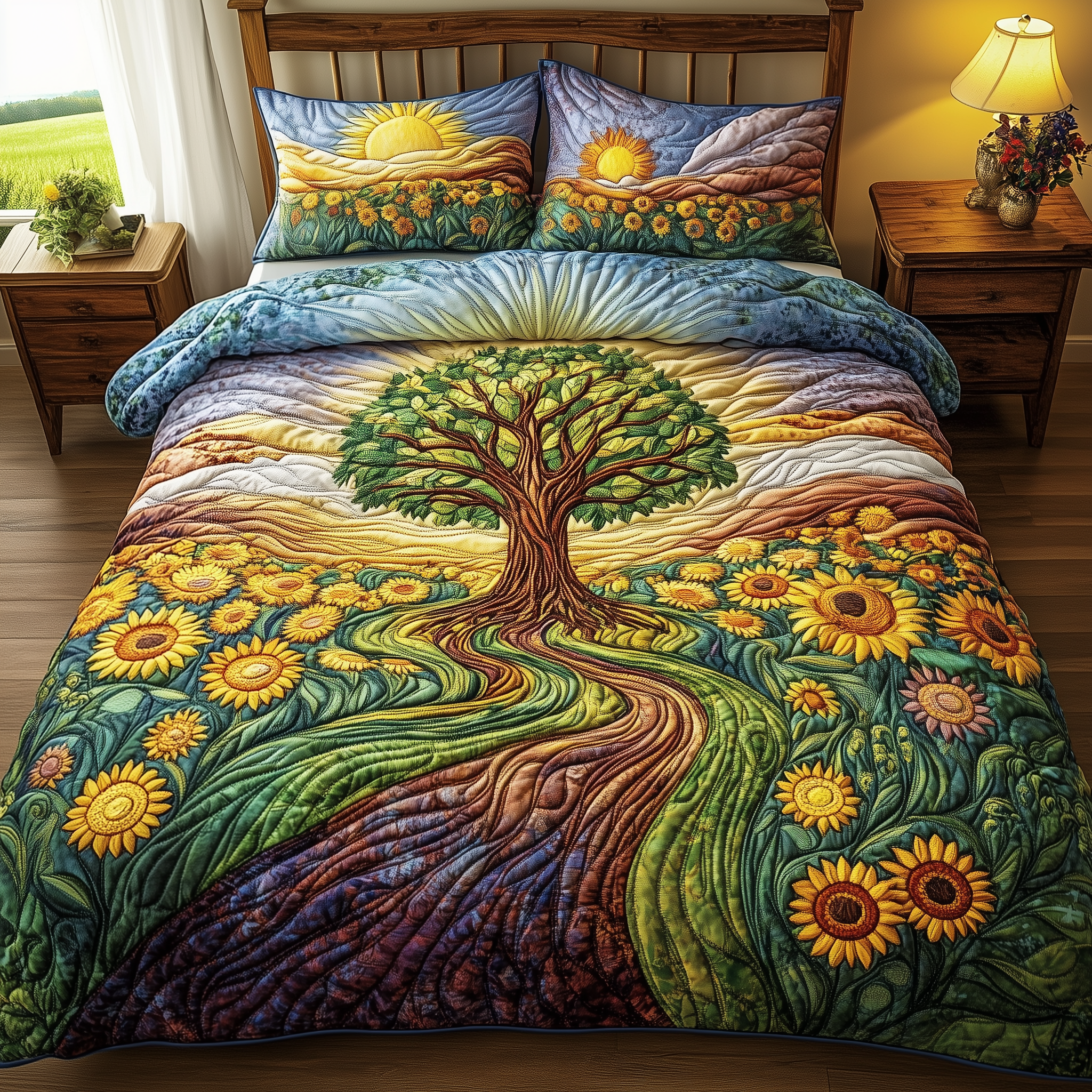 Field of Sunshine Quilted Bedding Set Unique Duvet Cover Bedspread Set Mother's Day Gifts For Mum