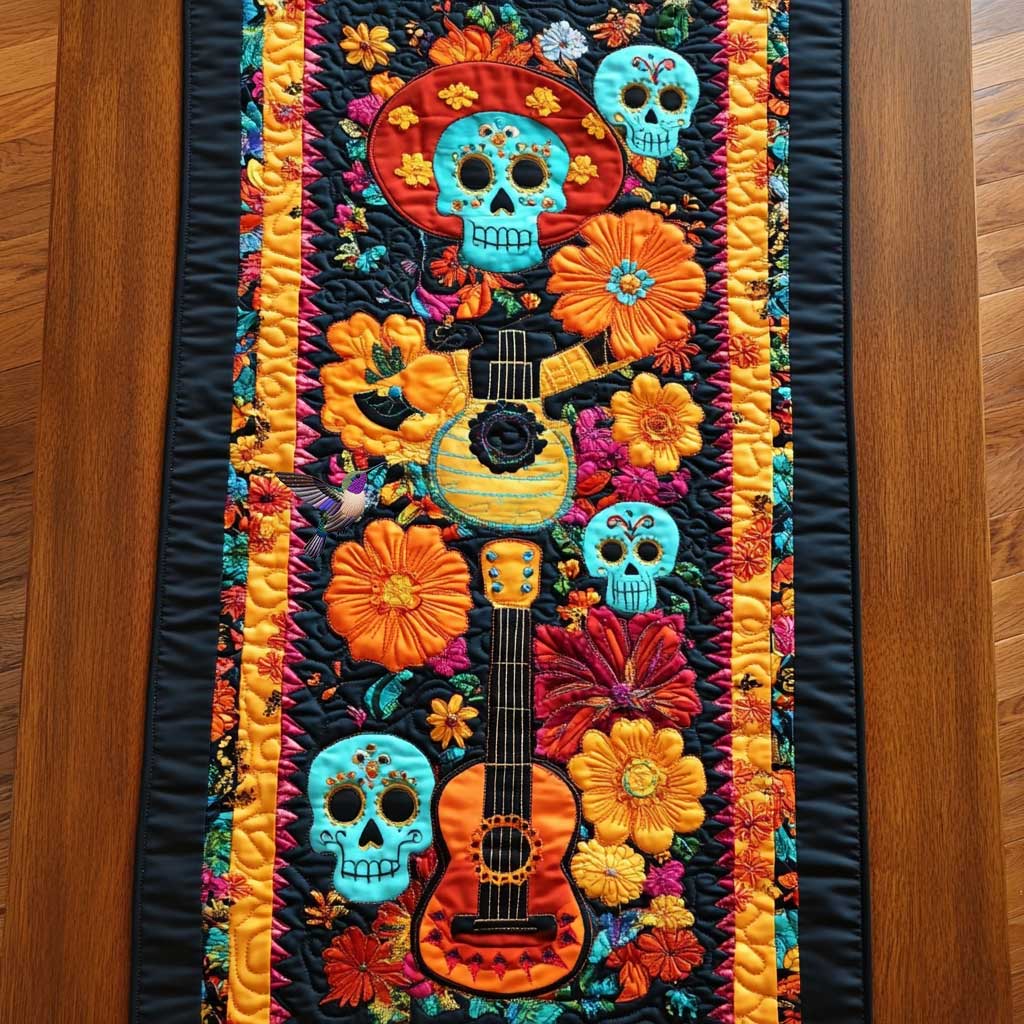 Fiesta Skull Guitar Quilted Table Runner Dining Home Decorations Themed Skull Items For Gifts