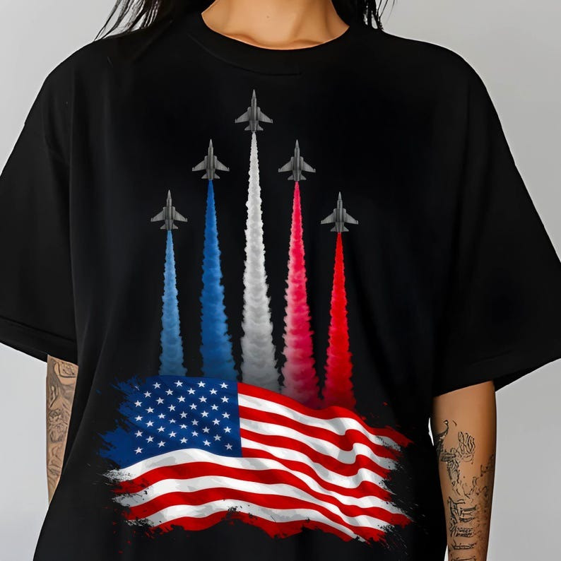 Fighter Jet American Flag Shirt Patriot 4th Of July T-Shirt Gifts For Dad