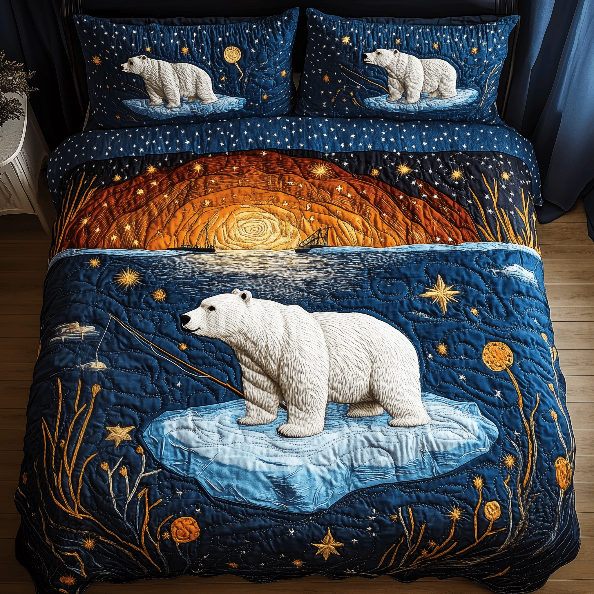 Fishing Polar Bear Quilted Bedding Set Father's Day Duvet Cover Set Gifts For Your Wife