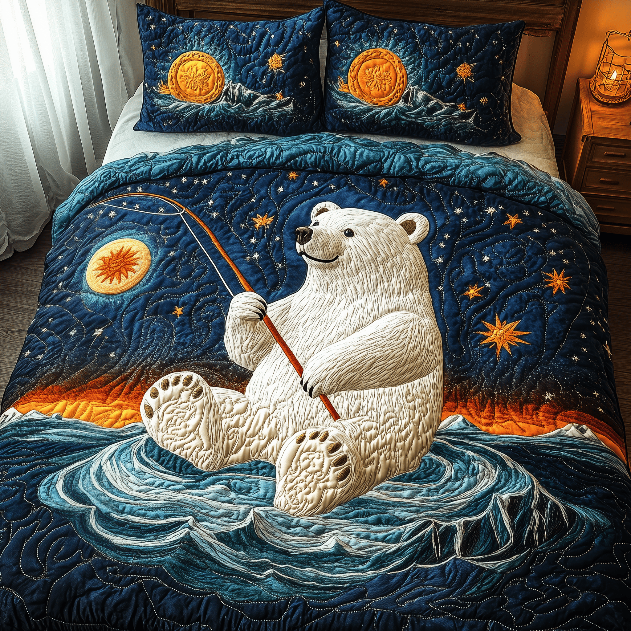 Fishing Polar Bear Quilted Bedding Set Father's Day Duvet Cover Set Present Ideas For Wife