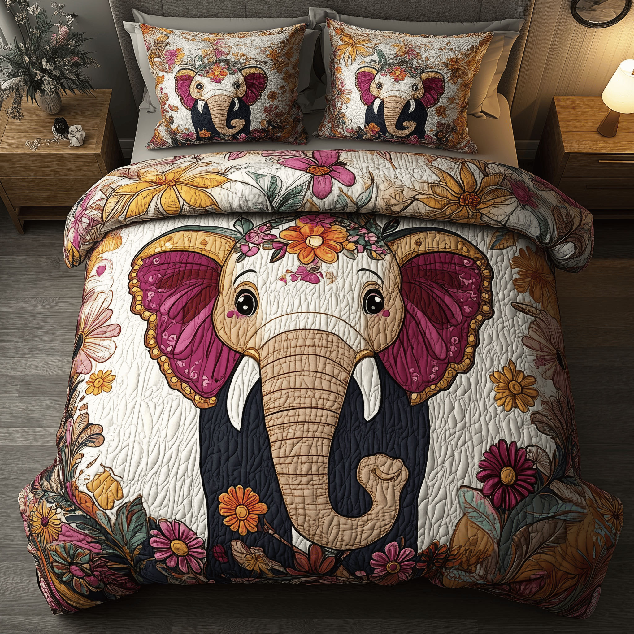 Floral Elephant Journey Quilted Bedding Set Best Father's Day Duvet Cover Set Elephant Gifts For Women