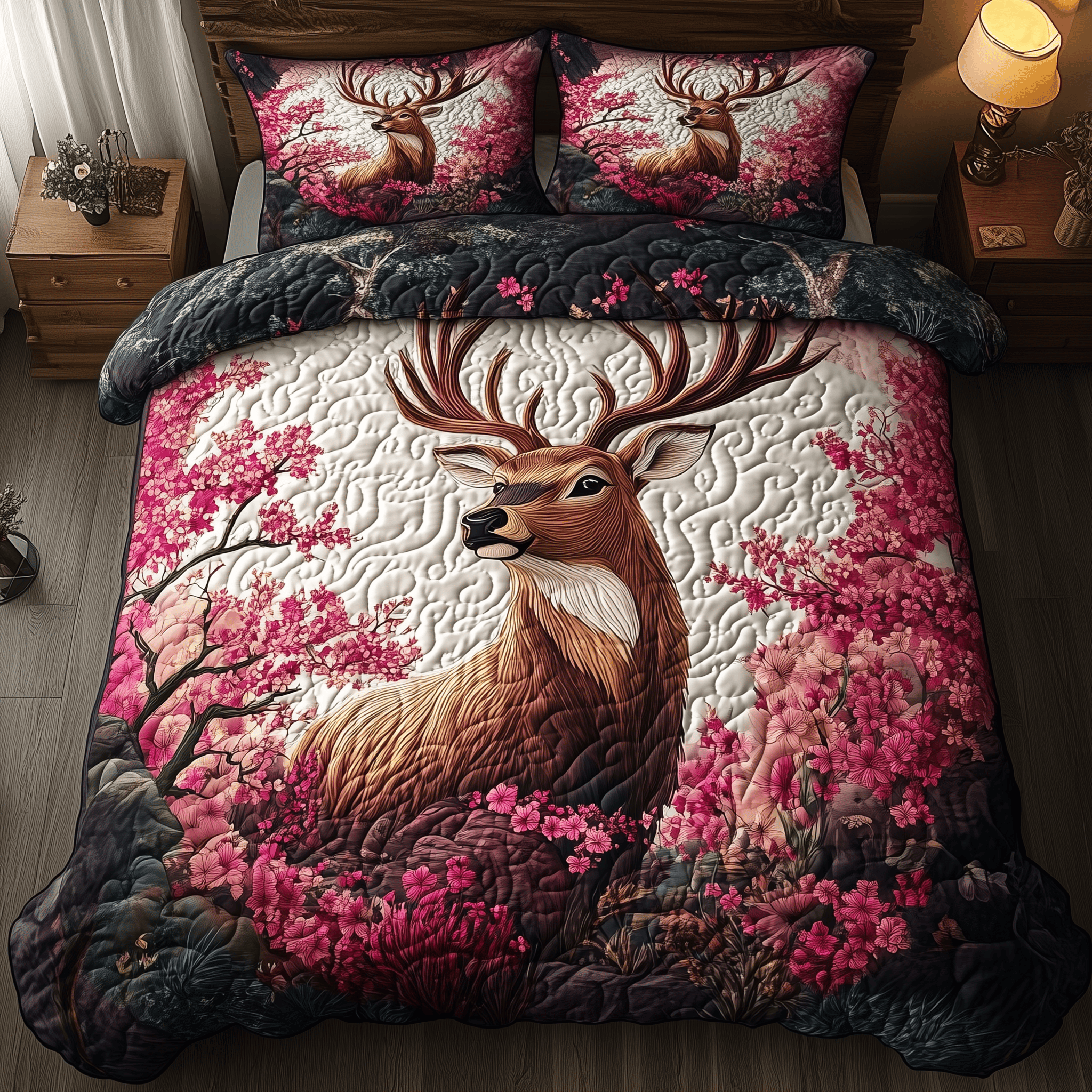 Floral Majesty Deer Quilted Bedding Set Mother's Day Duvet Cover Set Meaningful Cool Gifts For Deer Hunters