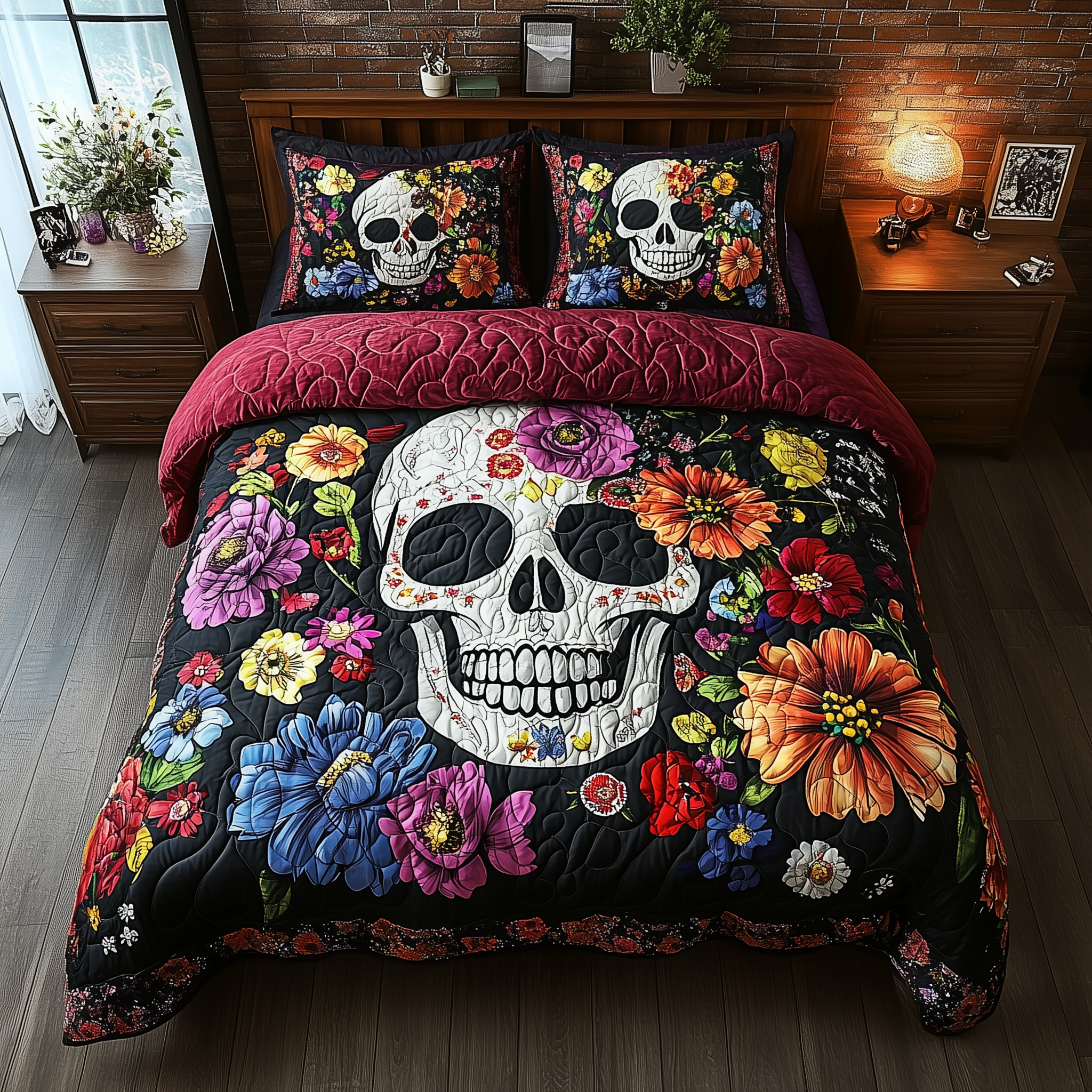 Floral Skull Quilted Bedding Set Valentine's Day Duvet Cover Skull Gifts For Dad