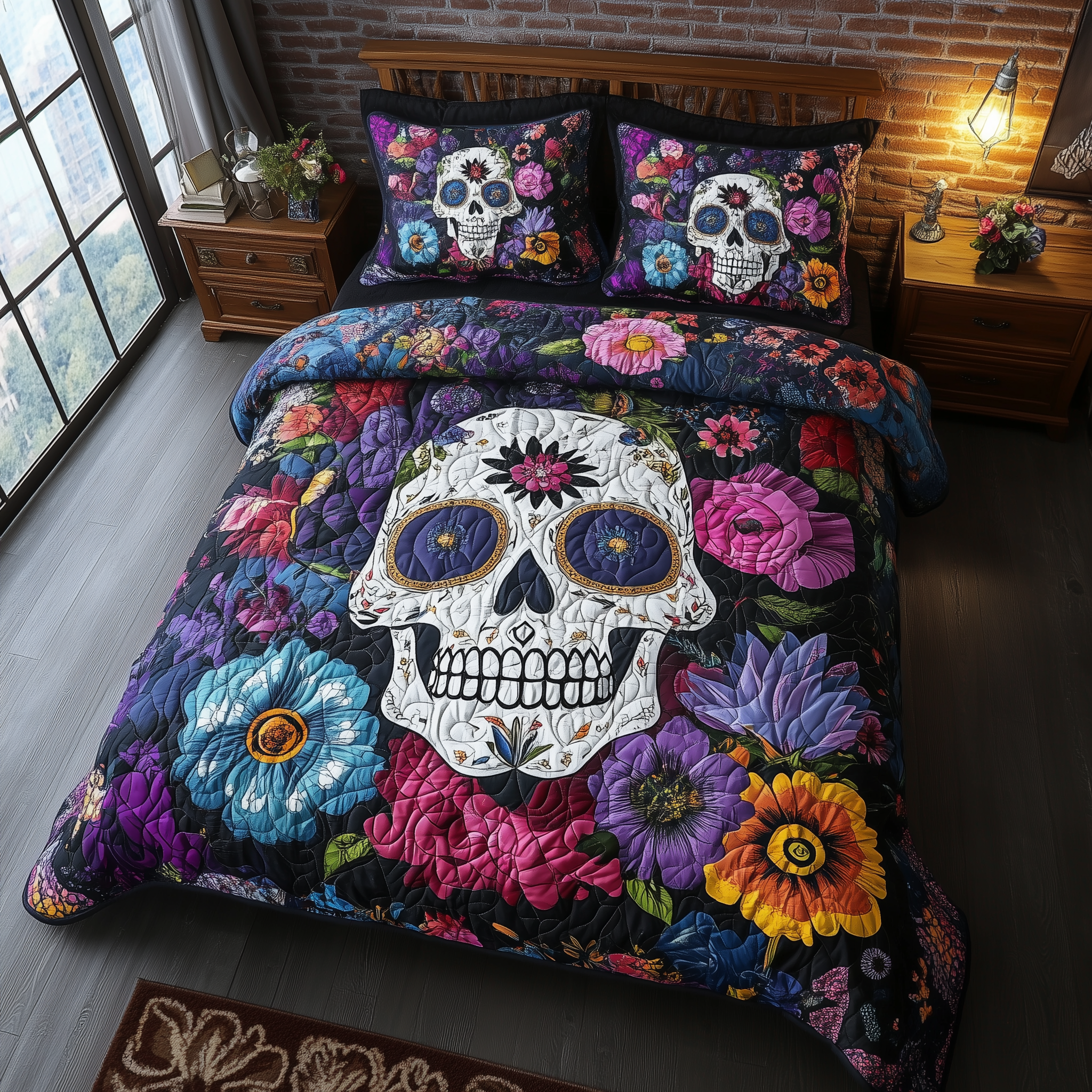 Floral Skull Quilted Bedding Set Valentine's Day Duvet Cover Skull Gifts For Women