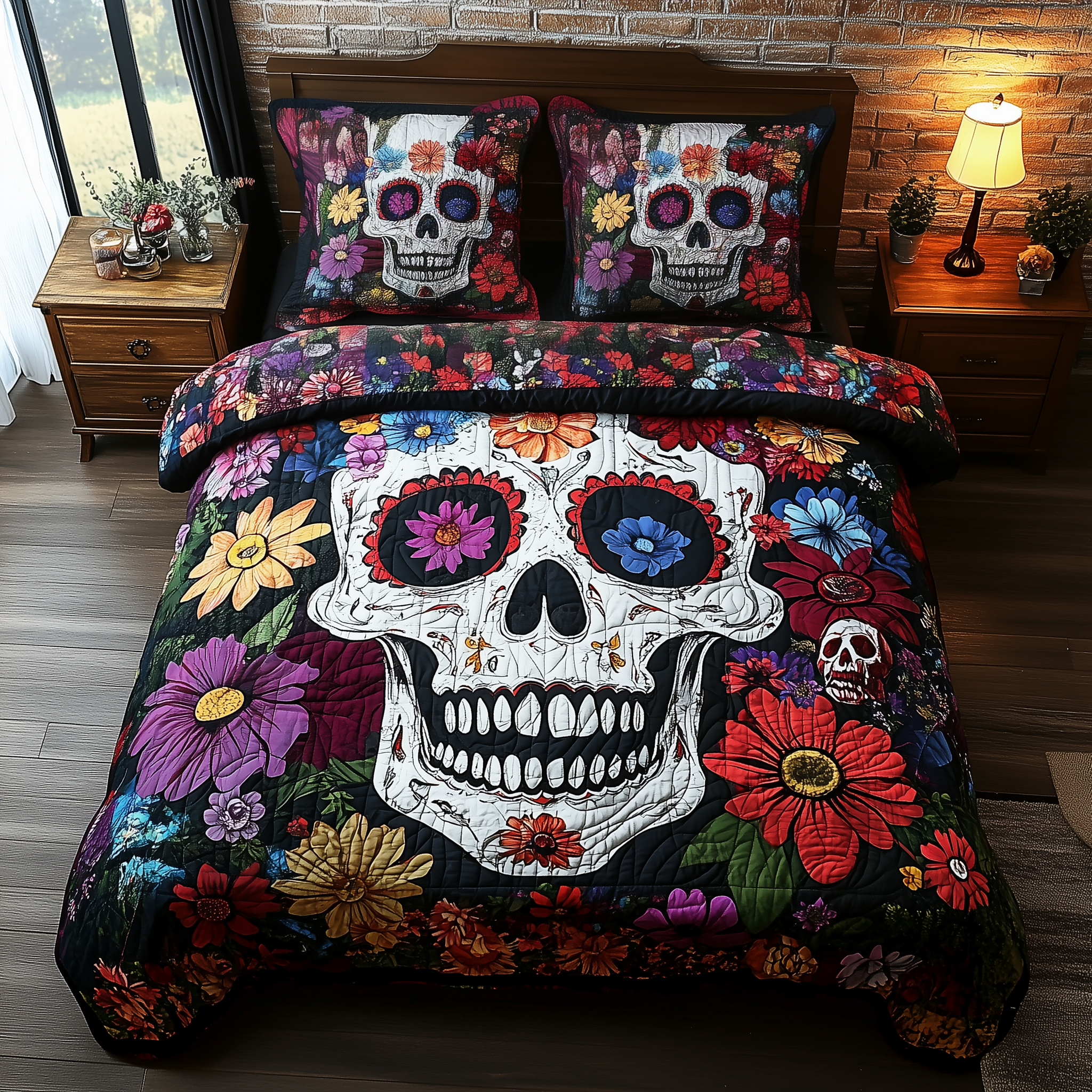 Floral Skull Quilted Bedding Set Valentine's Day Duvet Cover Skull Inspired Gifts