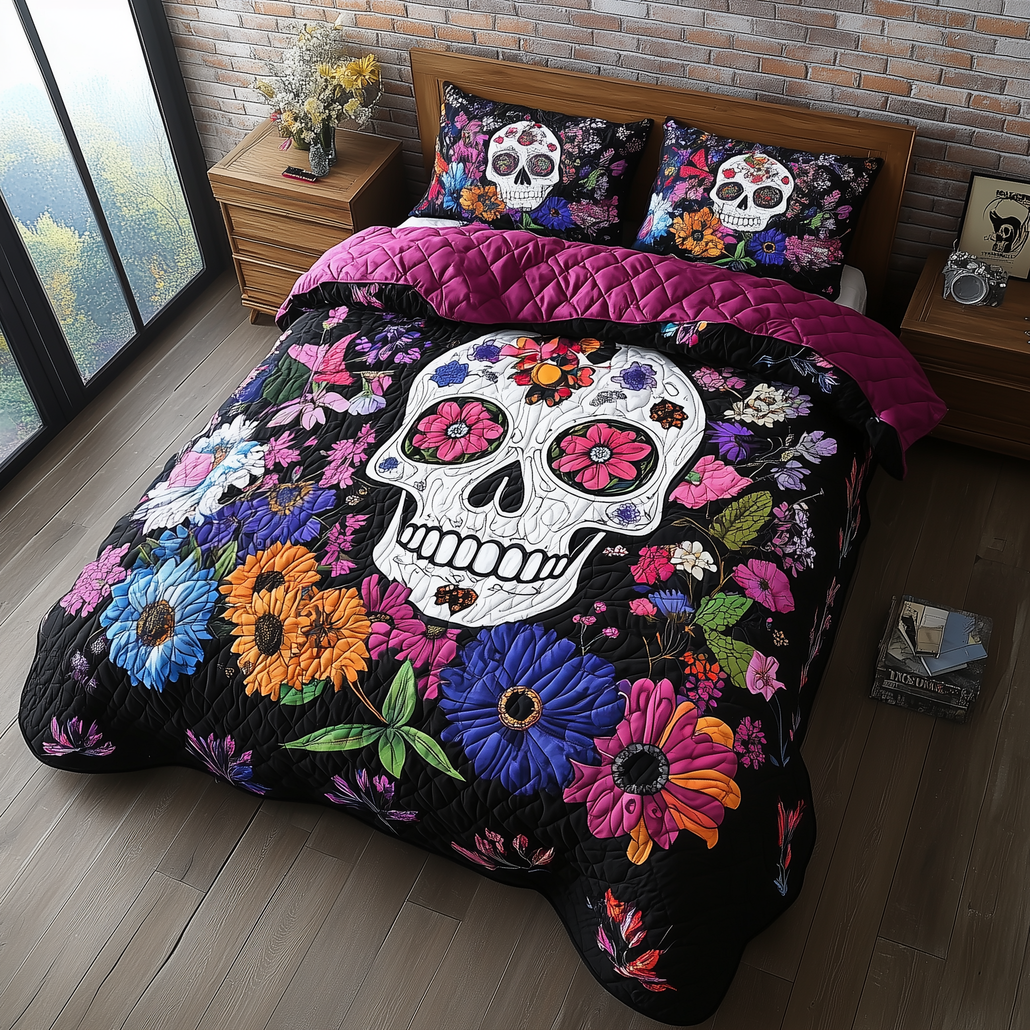 Floral Skull Quilted Bedding Set Valentine's Day Duvet Cover Skull Stuff For Guys