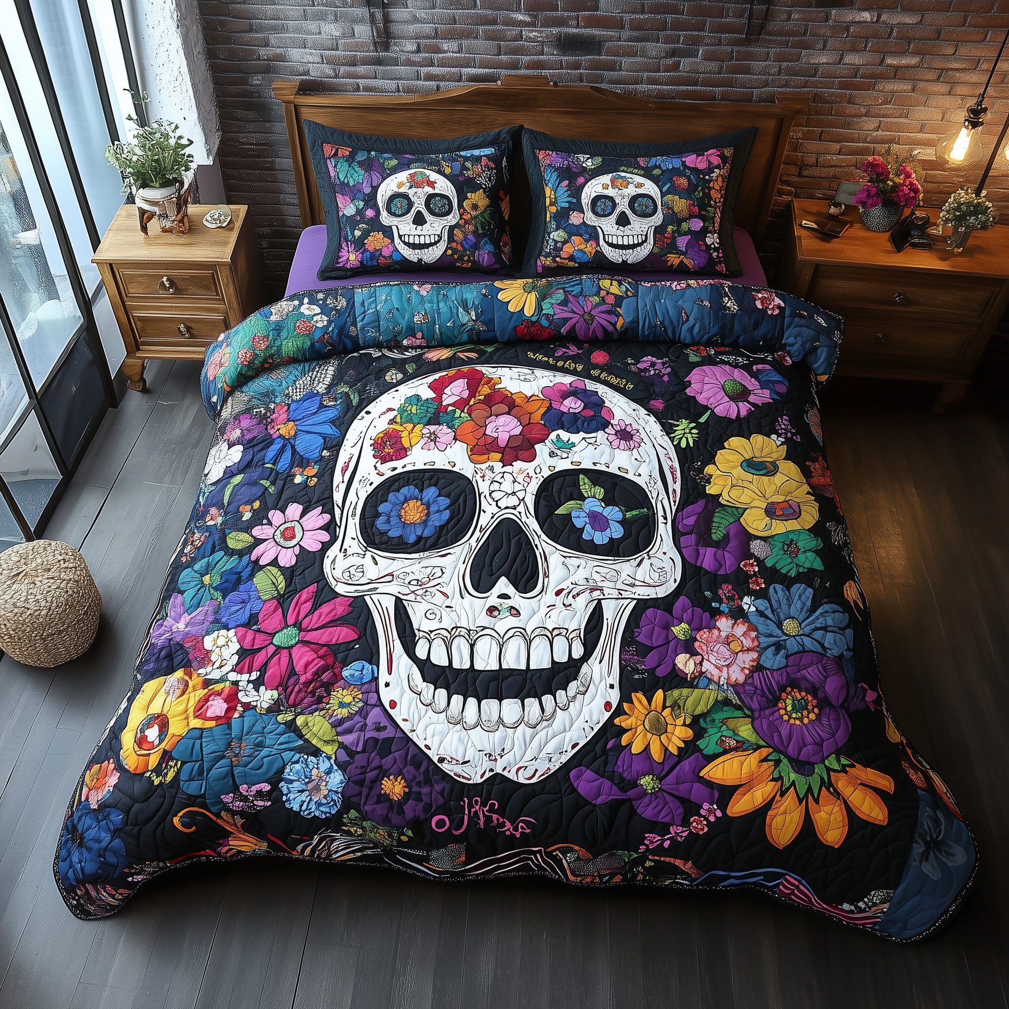 Floral Skull Quilted Bedding Set Valentine's Day Duvet Cover Unique Skull Gifts For Him