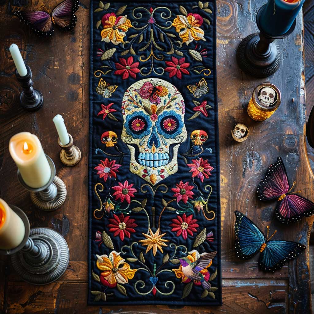 Floral Skull Quilted Table Runner Merchandise Skull Presents For Her Women Christmas