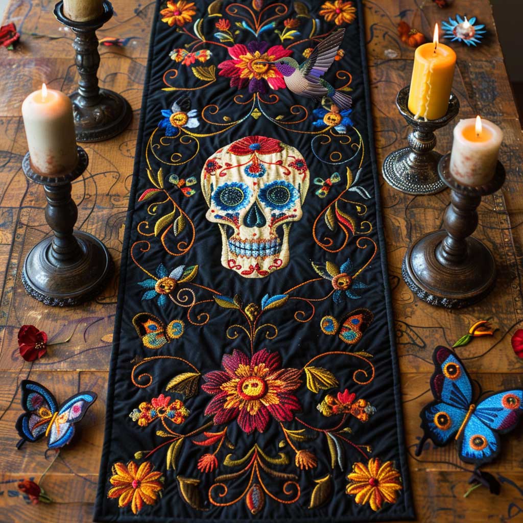 Floral Skull Quilted Table Runner Merchandise Skull Presents For Her Women Christmas