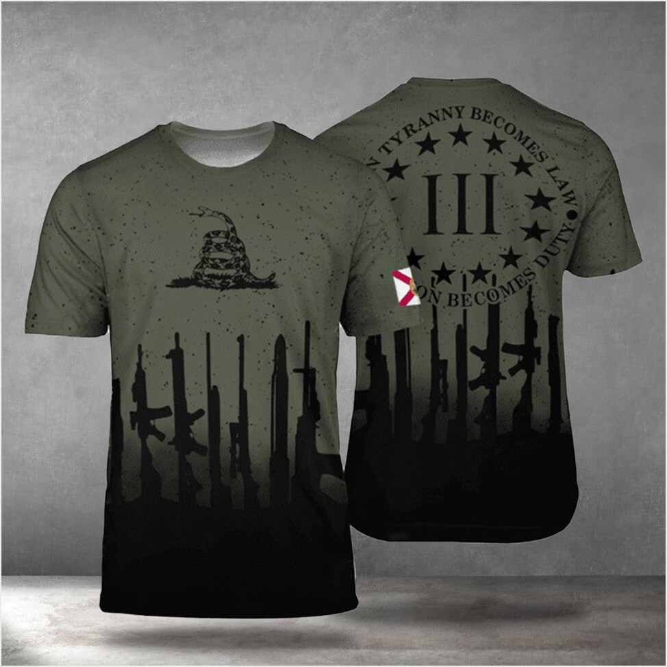 Florida Patriots When Tyranny Becomes Law T-Shirt Gun Rights Gadsden Flag Snake Apparel Men's