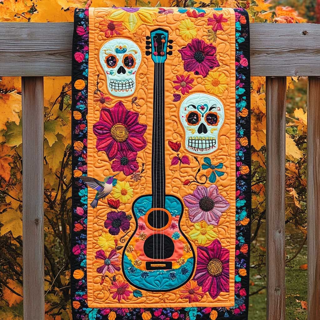 Flowered Skull And Guitar Quilted Table Runner Dining Home Decorations Themed Skull Items For Gifts