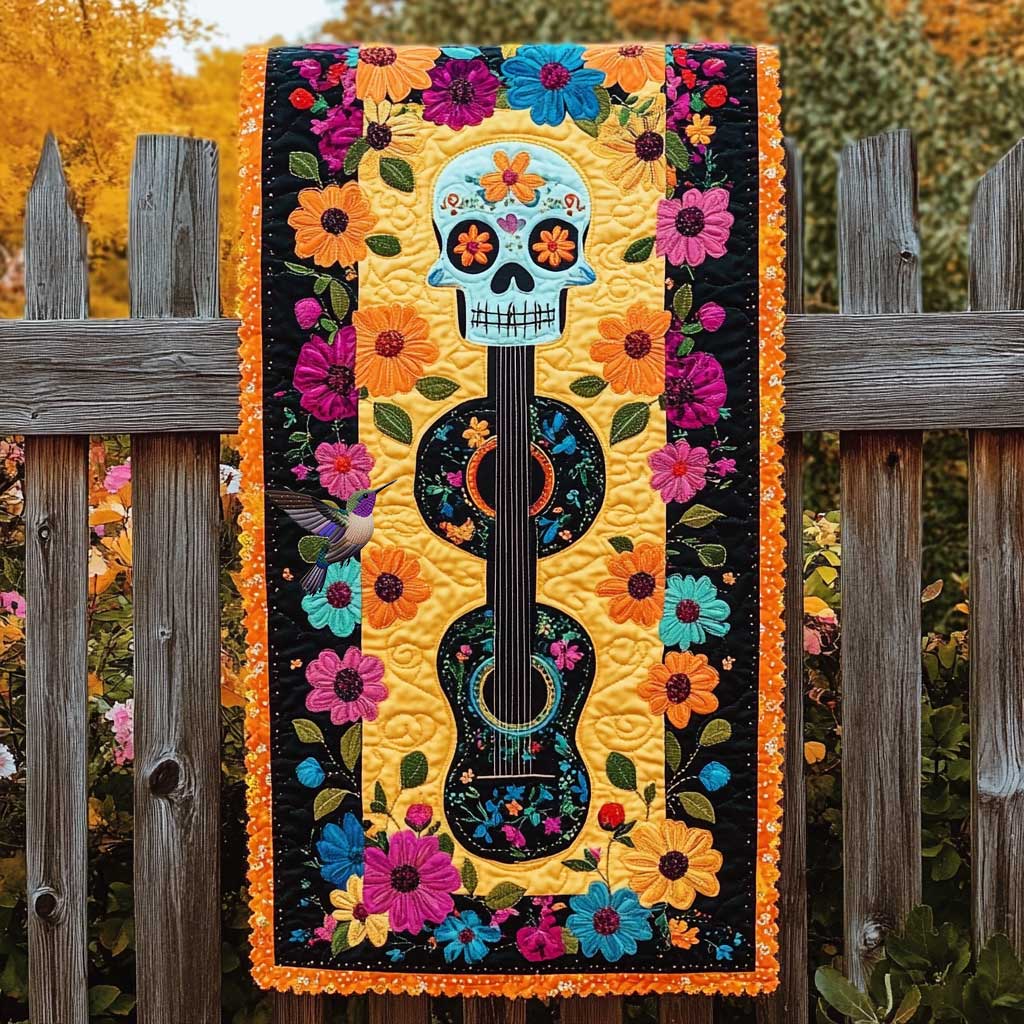 Flowered Skull And Guitar Quilted Table Runner Dining Home Decorations Themed Skull Items For Gifts