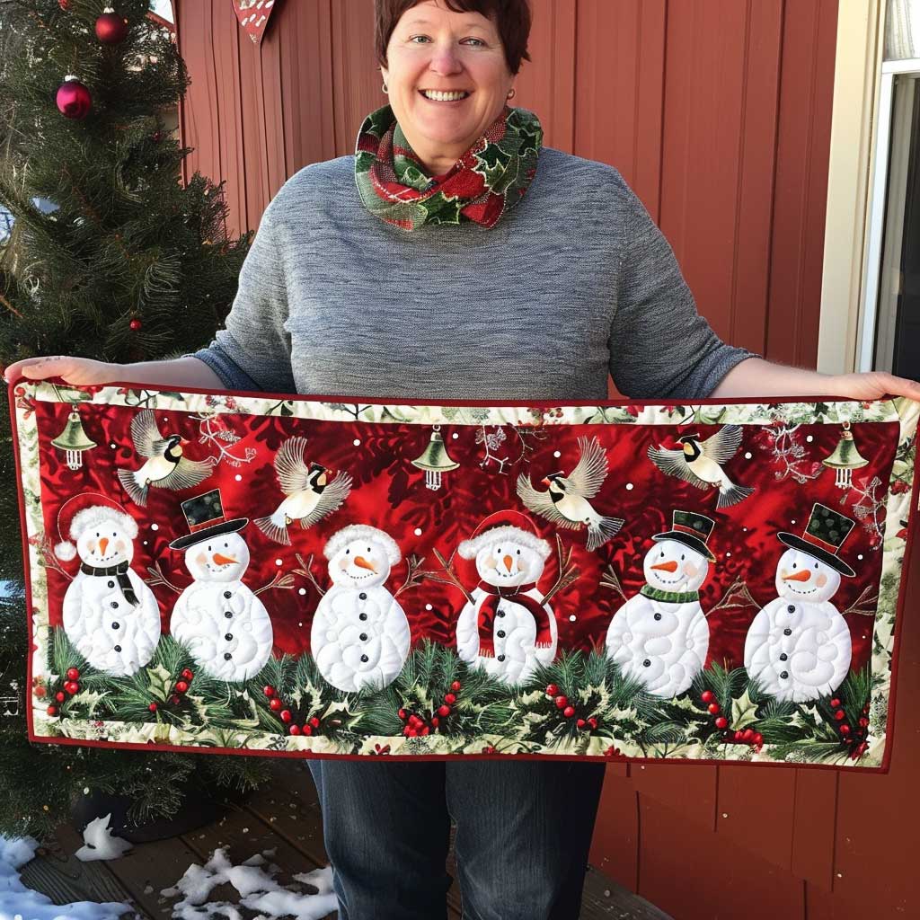Flying Cardinal Snowman Quilted Table Runner Holiday Indoor Decorations Cardinal Gifts For Christmas