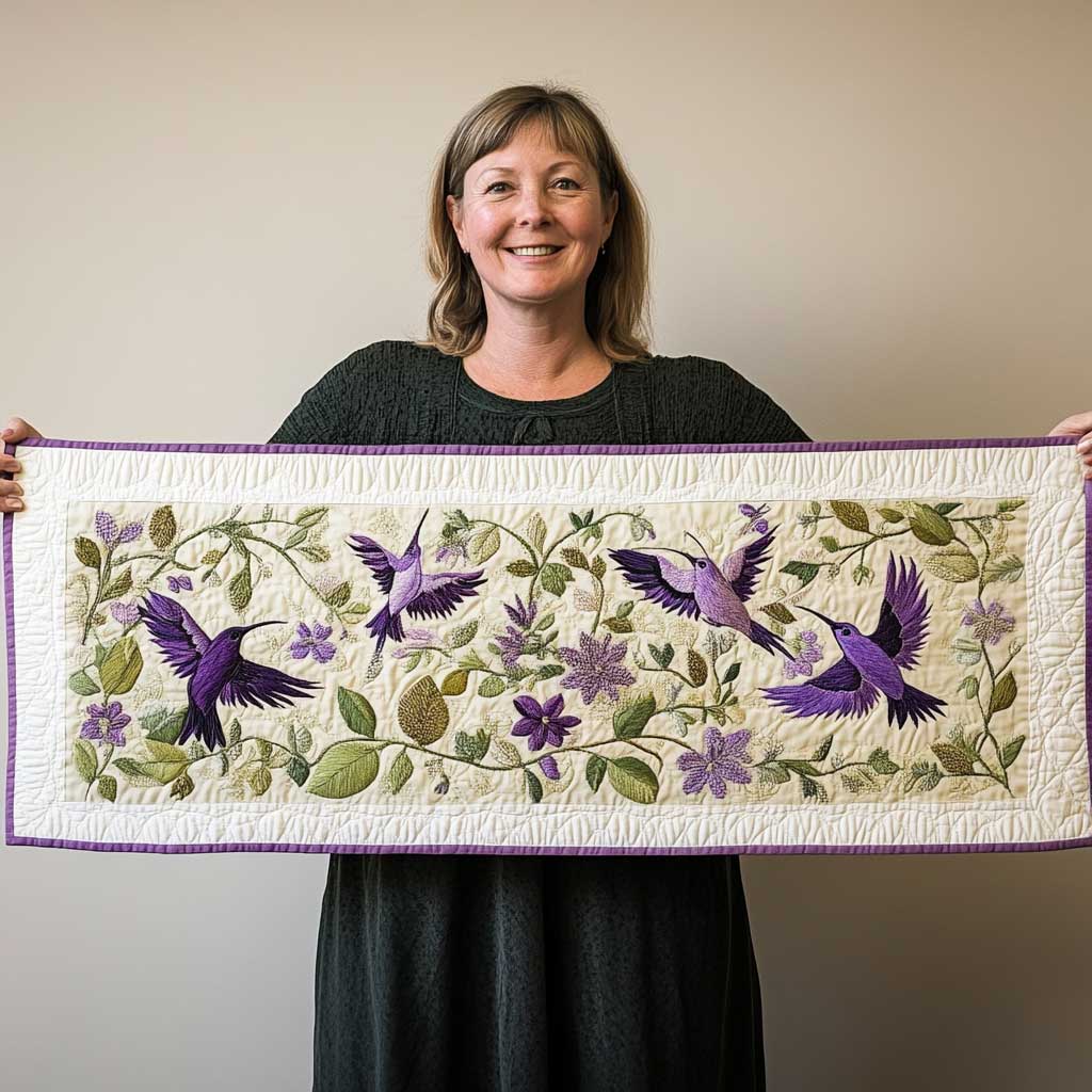Flying Purple Hummingbird Quilted Table Runner Decorations Christmas Hummingbird Gifts For Her