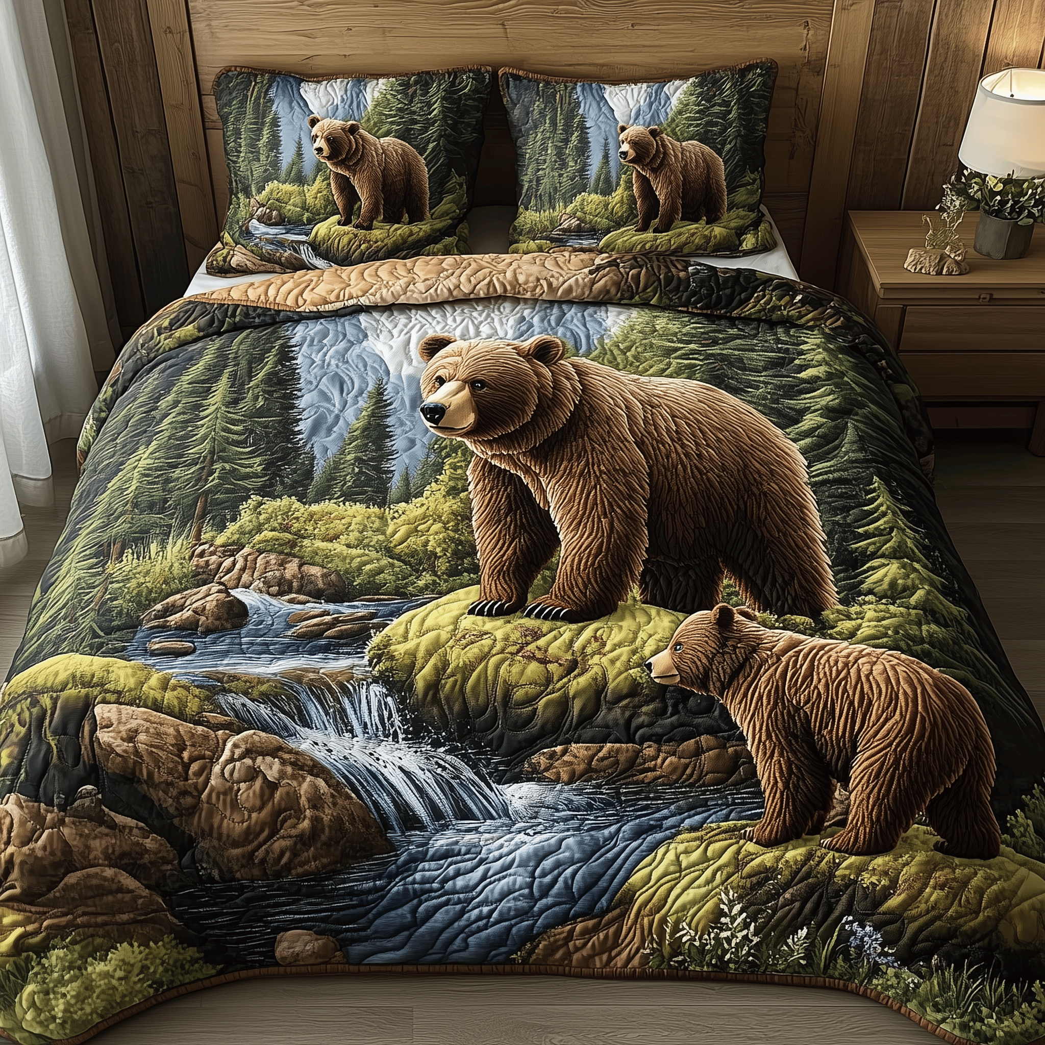 Forest Bear Family Quilted Bedding Set Best Valentine'S Day Gifts For Bear Lovers