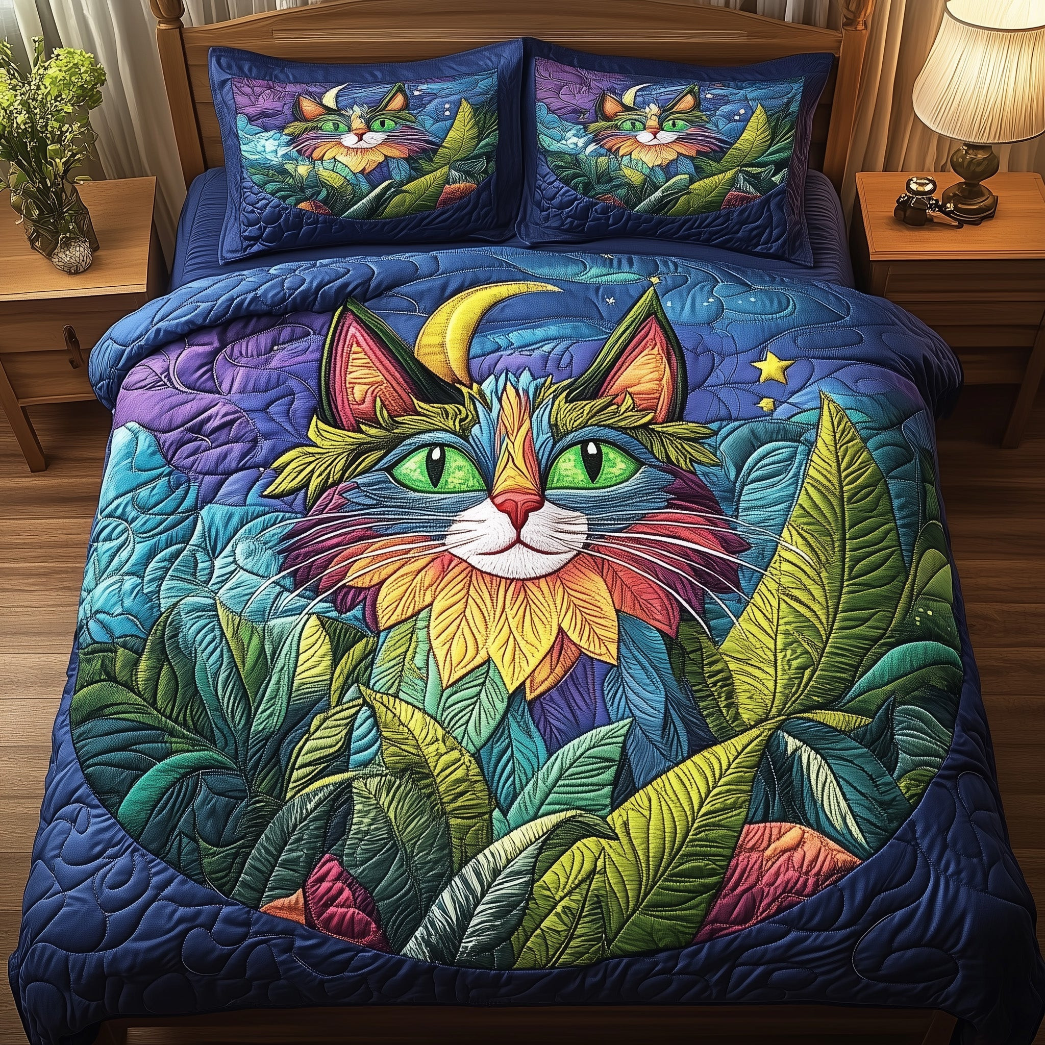 Forest Feline Quilted Bedding Set Duvet Cover Bedspread Set Item Cat Presents For Cat Lovers