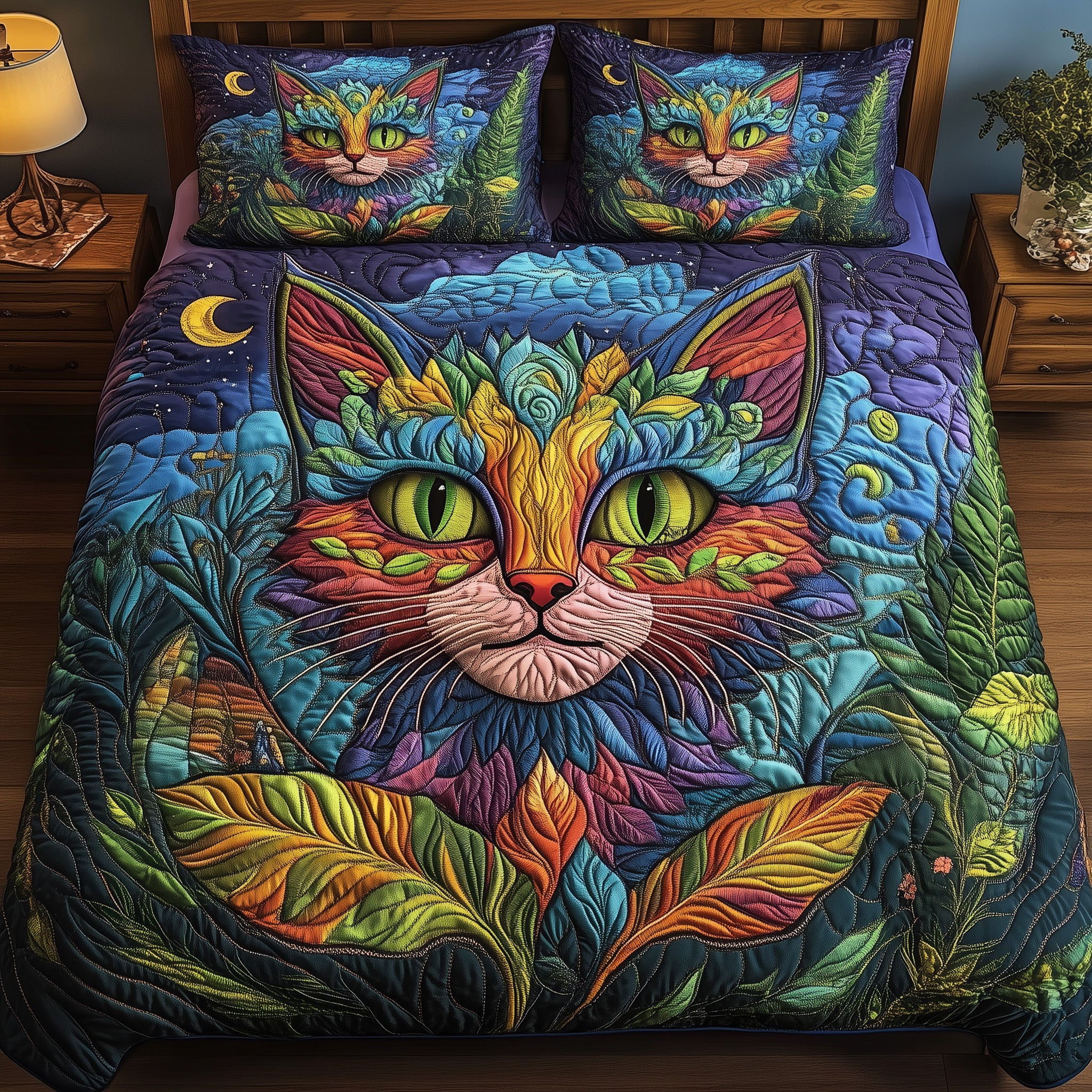 Forest Feline Quilted Bedding Set Duvet Cover Bedspread Set Item Present Ideas For Cat Lovers
