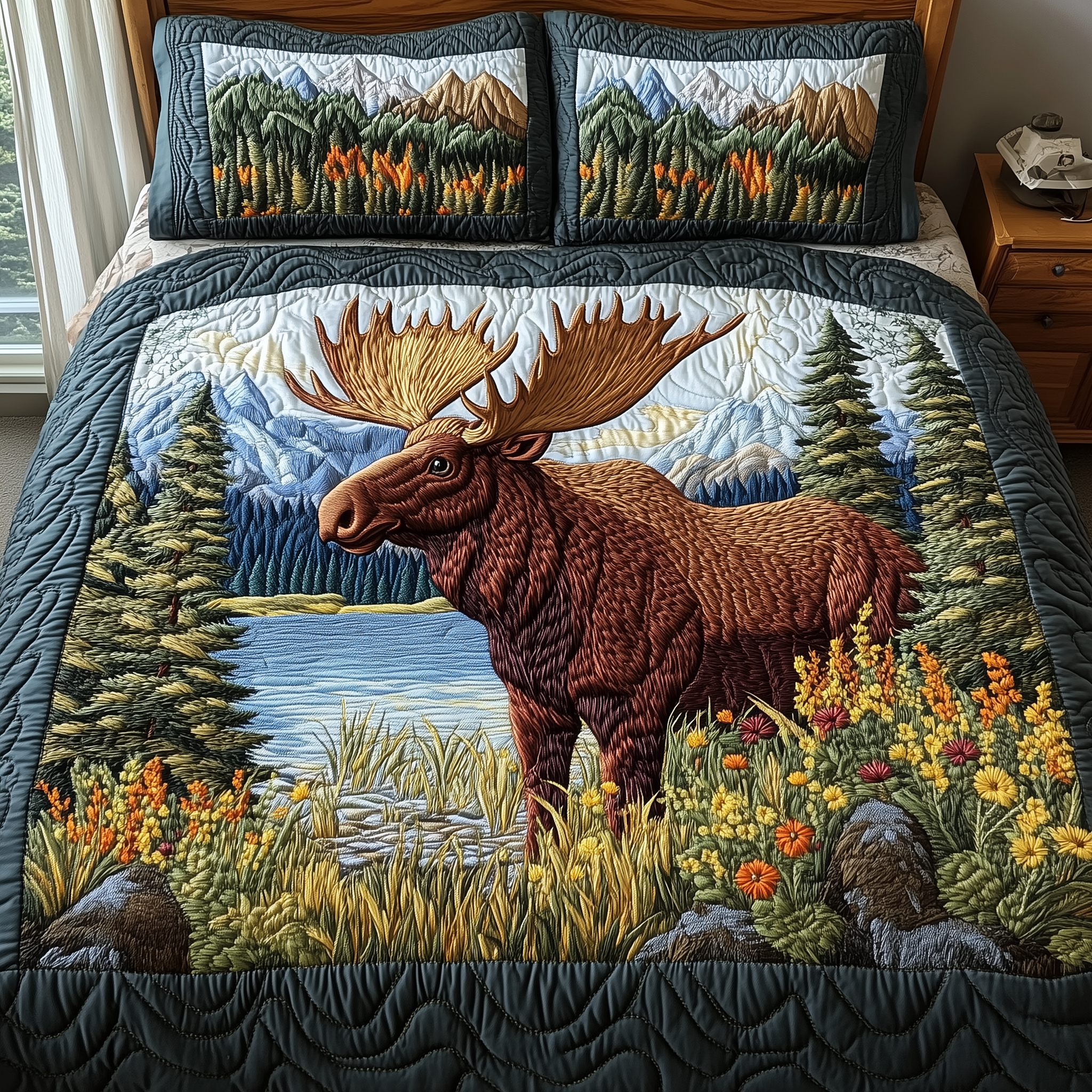 Forest Spirit Moose Quilted Bedding Set Unique Duvet Cover Bedspread Set Father's Day Gifts For Husband