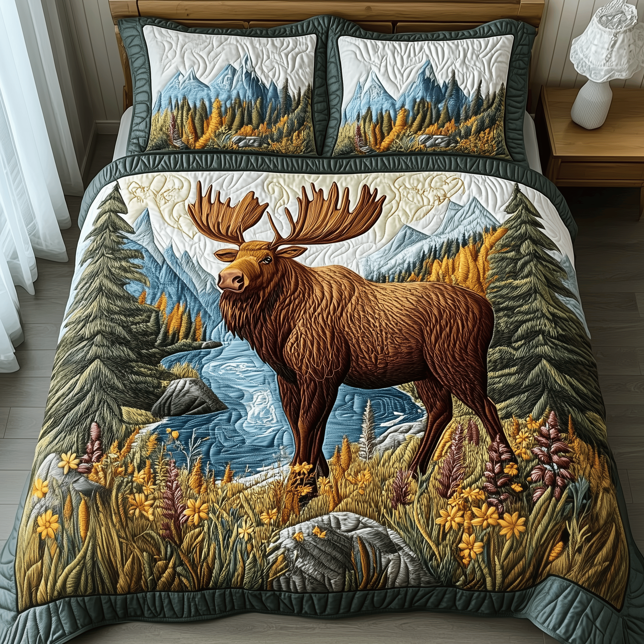 Forest Spirit Moose Quilted Bedding Set Unique Duvet Cover Bedspread Set Stepdad Gifts For Father's Day
