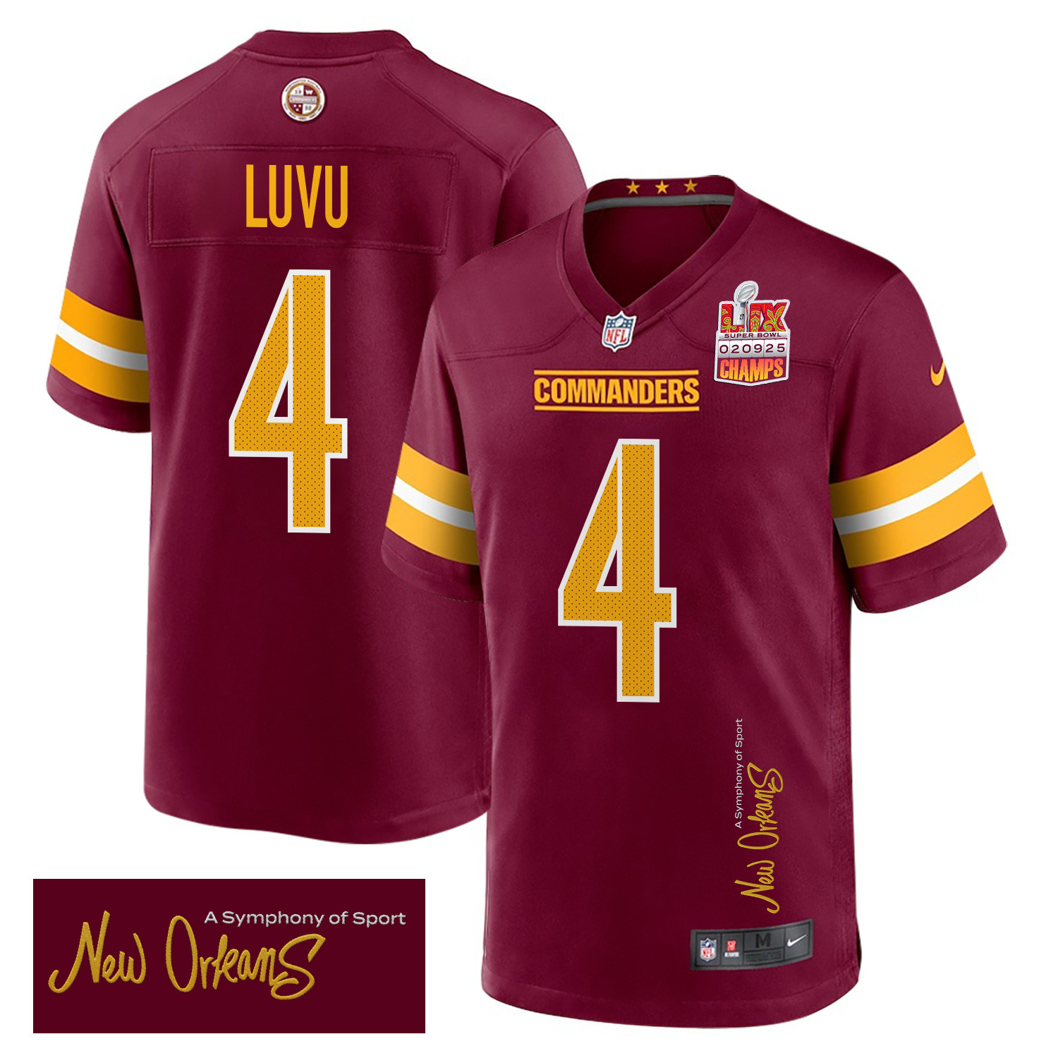 Frankie Luvu 4 Washington Commanders Super Bowl LIX Champions Patch 'New Orleans - A Symphony of Sport' EMBROIDERED Game Men Jersey - Burgundy - JS216