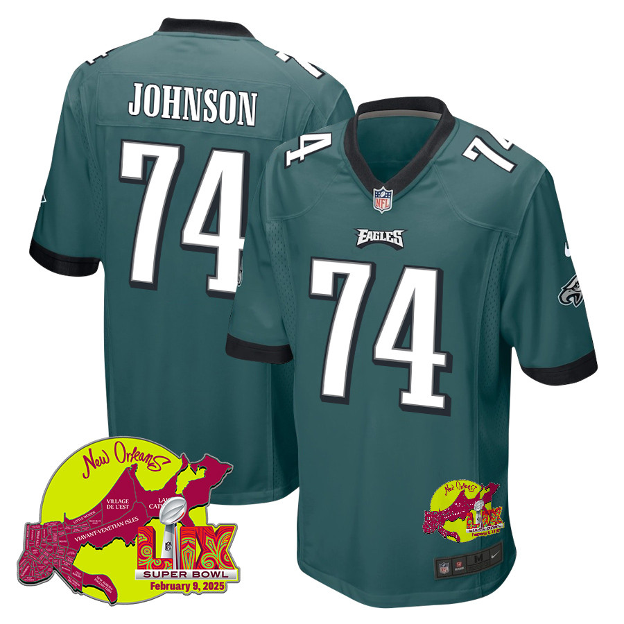 Fred Johnson 74 Philadelphia Eagles Super Bowl LIX New Orleans Patch Game Men Jersey - Midnight Green - JS176