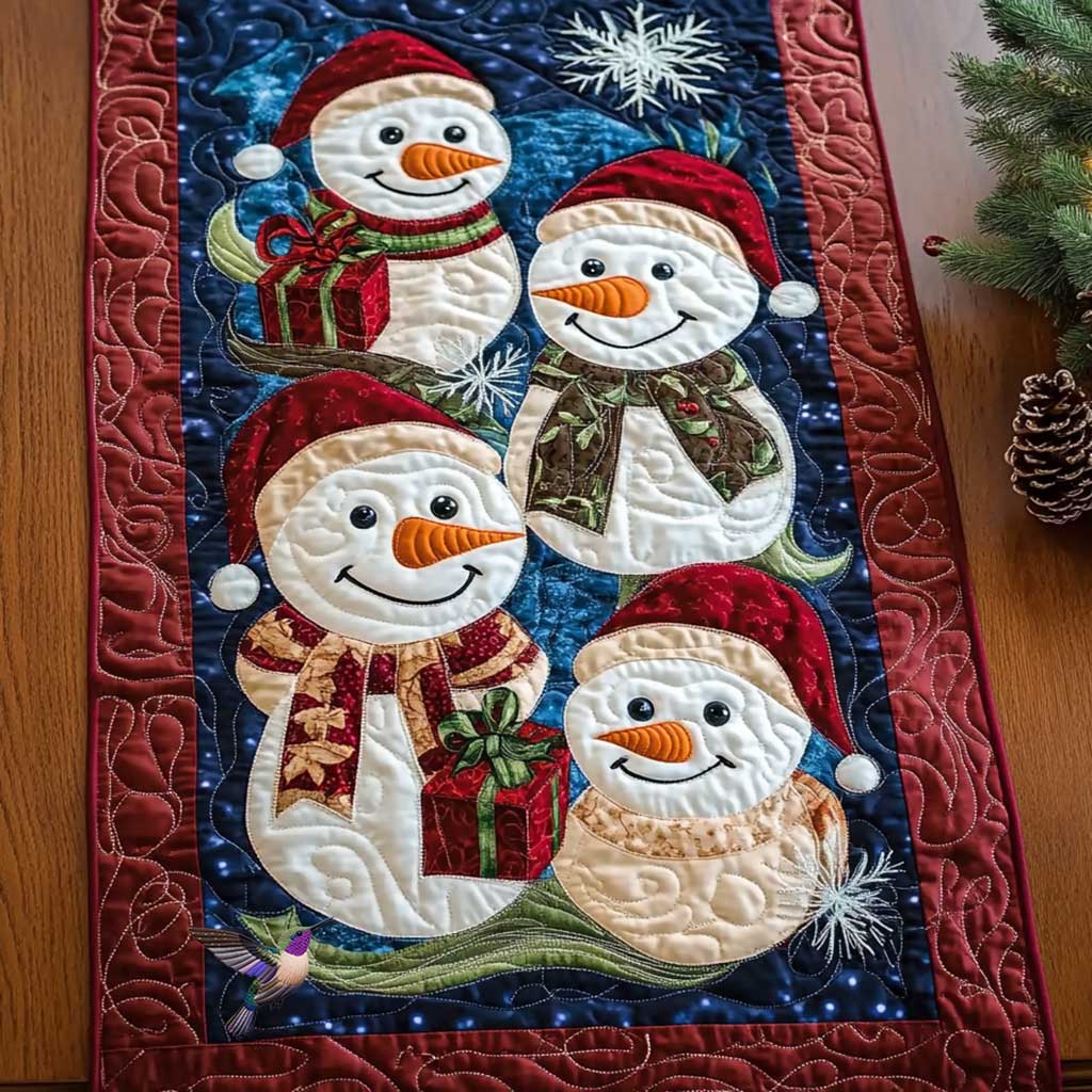 Frosty Friends Snowman Quilted Table Runner Holiday Christmas Table Runner Kitchen Indoor Decorations