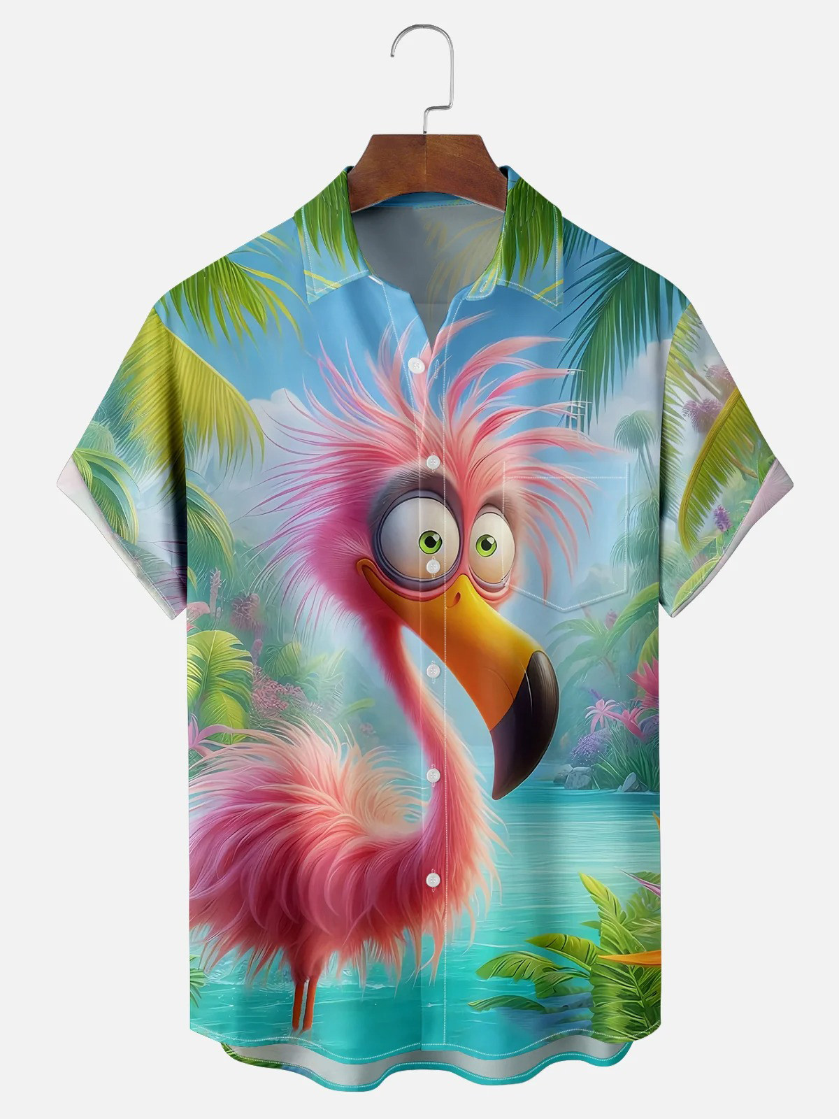 Funny Flamingo Art Painting Chest Pocket Hawaiian Shirt
