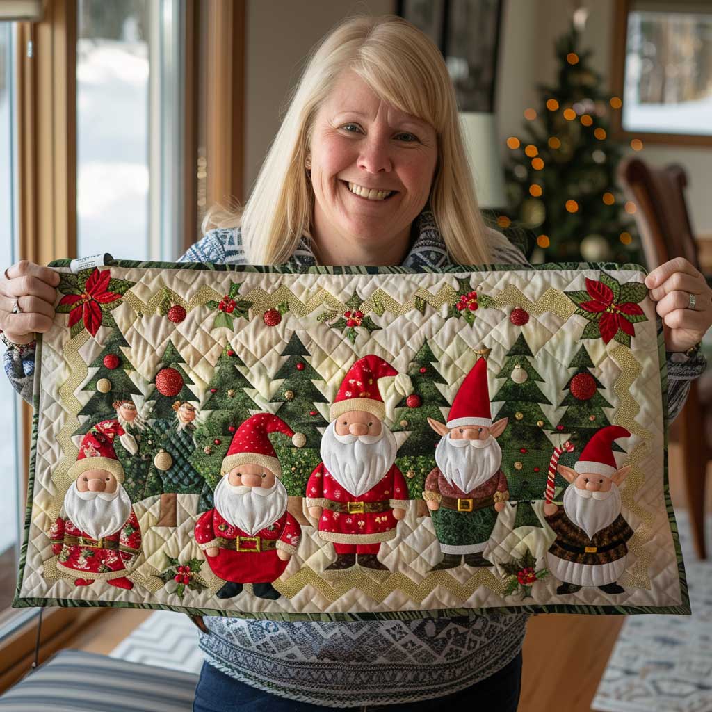 Funny Gnome Quilted Table Runner Dining Decorations Theme Holiday Christmas Grome Presents