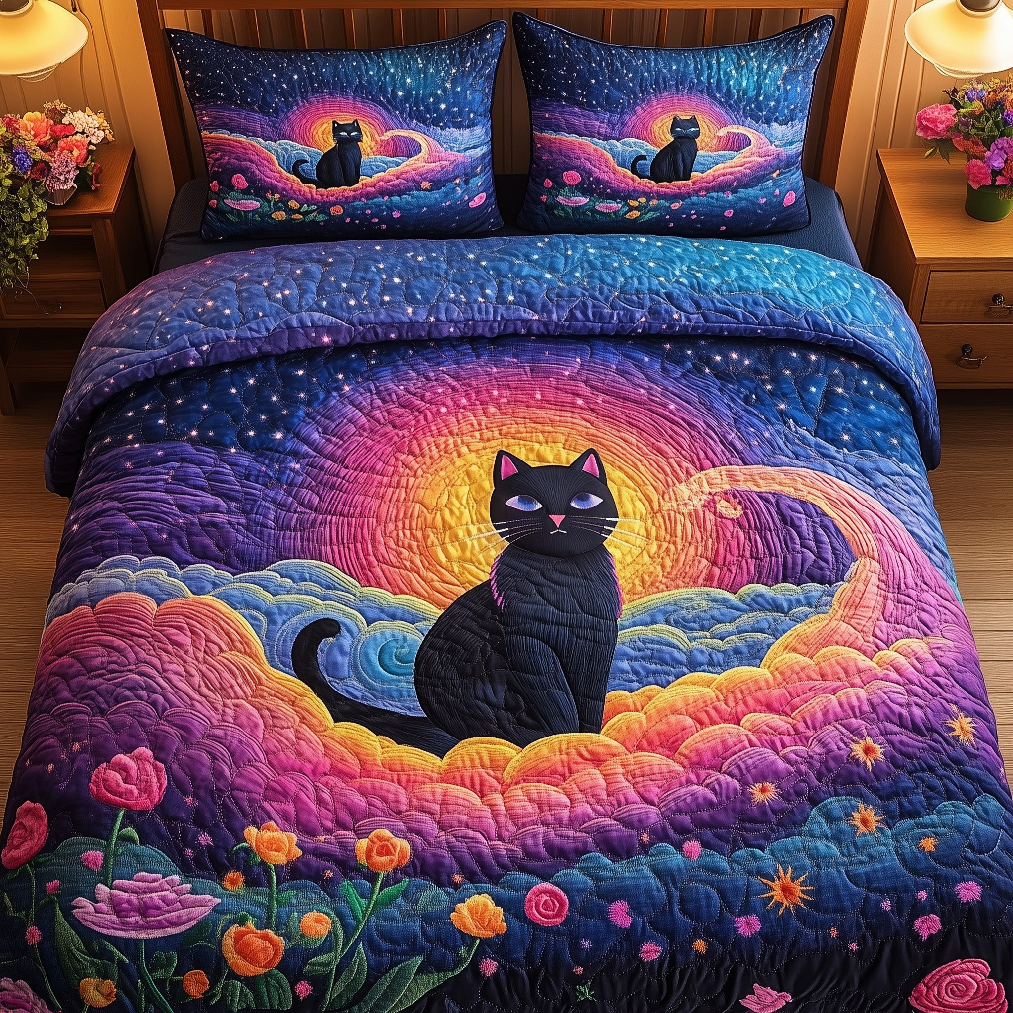 Galaxy Whiskers Quilted Bedding Set Duvet Cover Bedspread Set Item Cat Present Ideas
