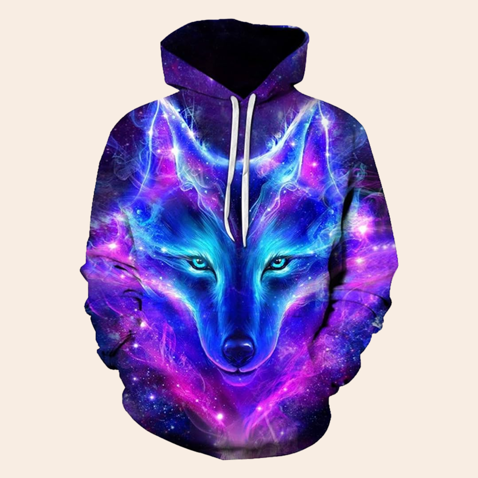 Galaxy Wolf Hoodie Unique Apparel Birthday Gift Idea for Wolf Lovers Fantasy Streetwear