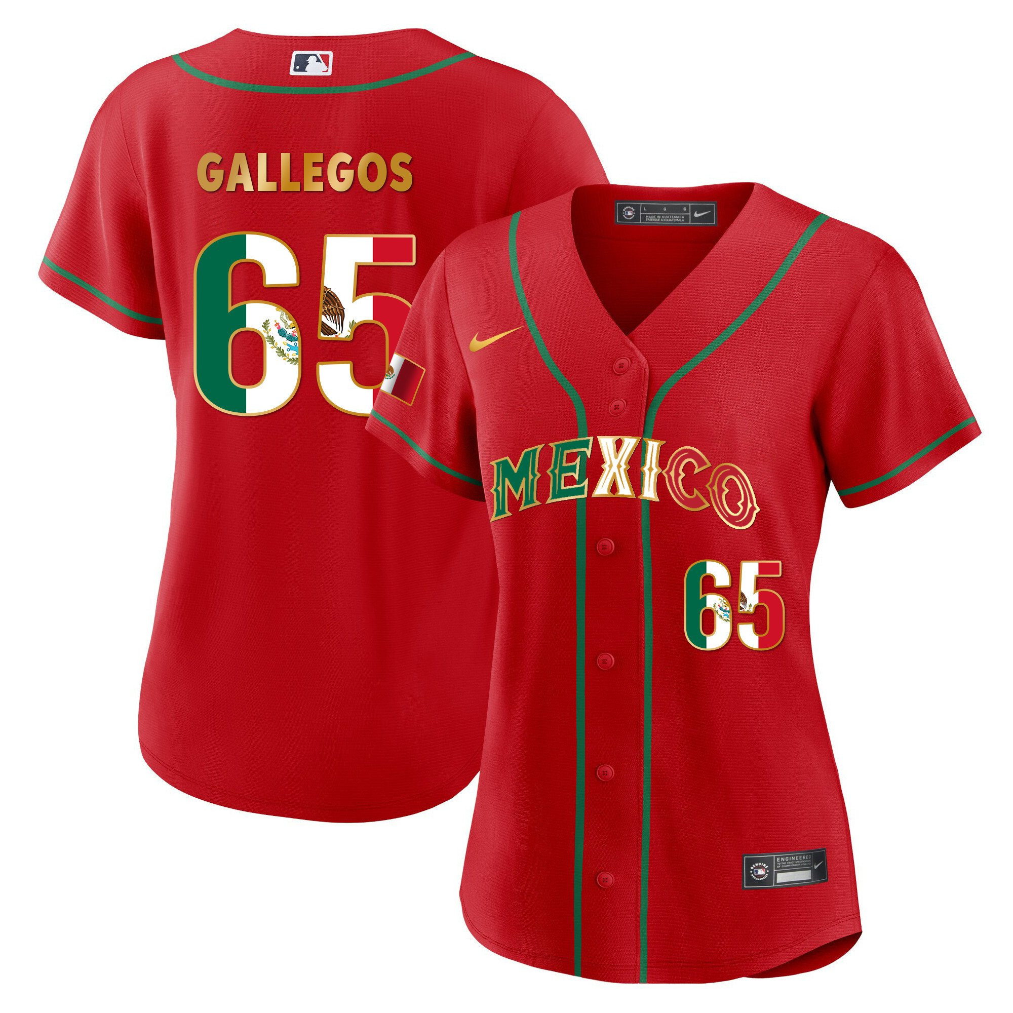 Gallegos 65 Mexico 2023 Flag Baseball Jersey - Red Gold - JS122