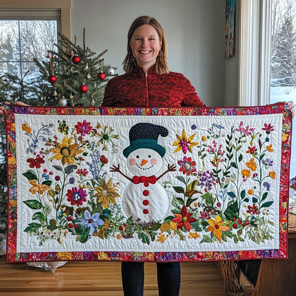 Garden Snowman Quilted Table Runner Holiday Christmas Table Runner Home Decorations