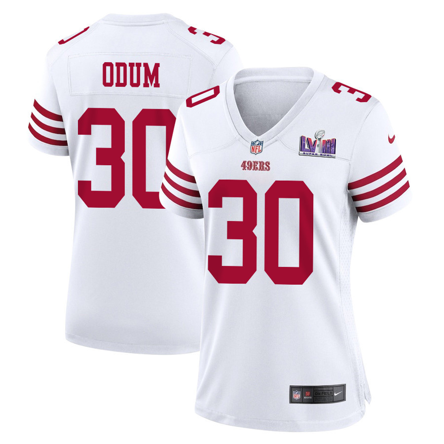 George Odum 30 San Francisco 49ers Super Bowl LVIII Patch Game Women Jersey - White - JSDV166