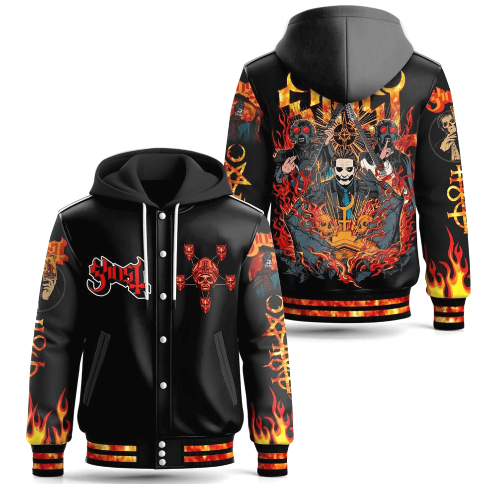 Ghost Band On Fire Limited Edition Hooded Baseball Jacket Ghost Merch Top Father's Day Gifts