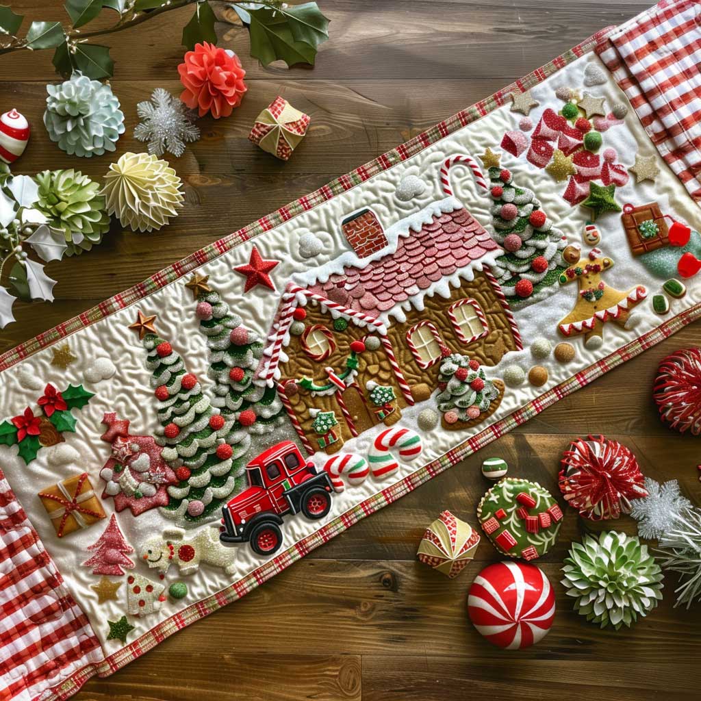 Gingerbread House Christmas Truck Quilted Table Runner Holiday Christmas Kitchen Indoor Decorations Gifts For Family