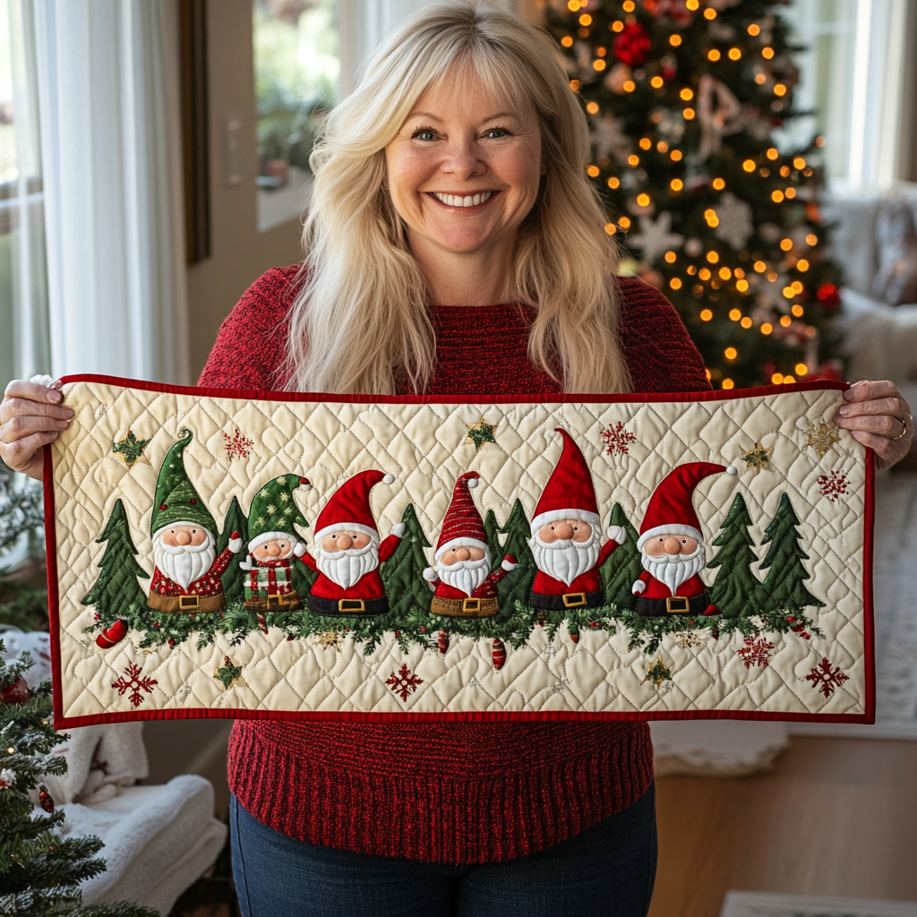 Gnome And Christmas Tree Quilted Table Runner Holiday Christmas Kitchen Indoor Decorations Gifts For Family