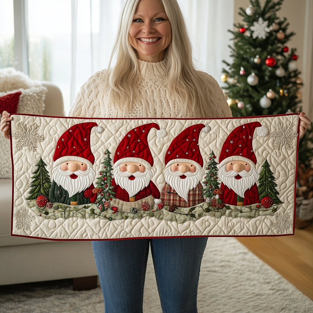 Gnome In Wonderland Quilted Table Runner Dining Decorations Theme Holiday Christmas Grome Gifts