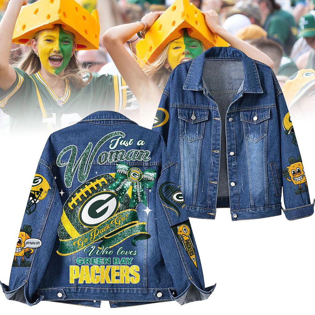 Go Pack Go Just A Woman Who Loves Green Bay Packers Denim Jacket Green Bay Packers Merch