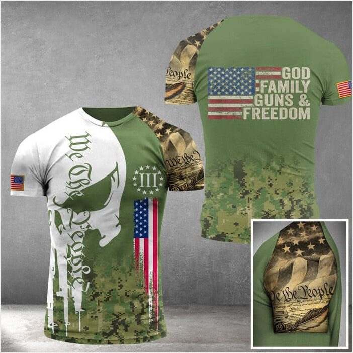 God Family Gun And Freedom American Flag T-Shirt We The People Patriotic Tees Gifts For Friends
