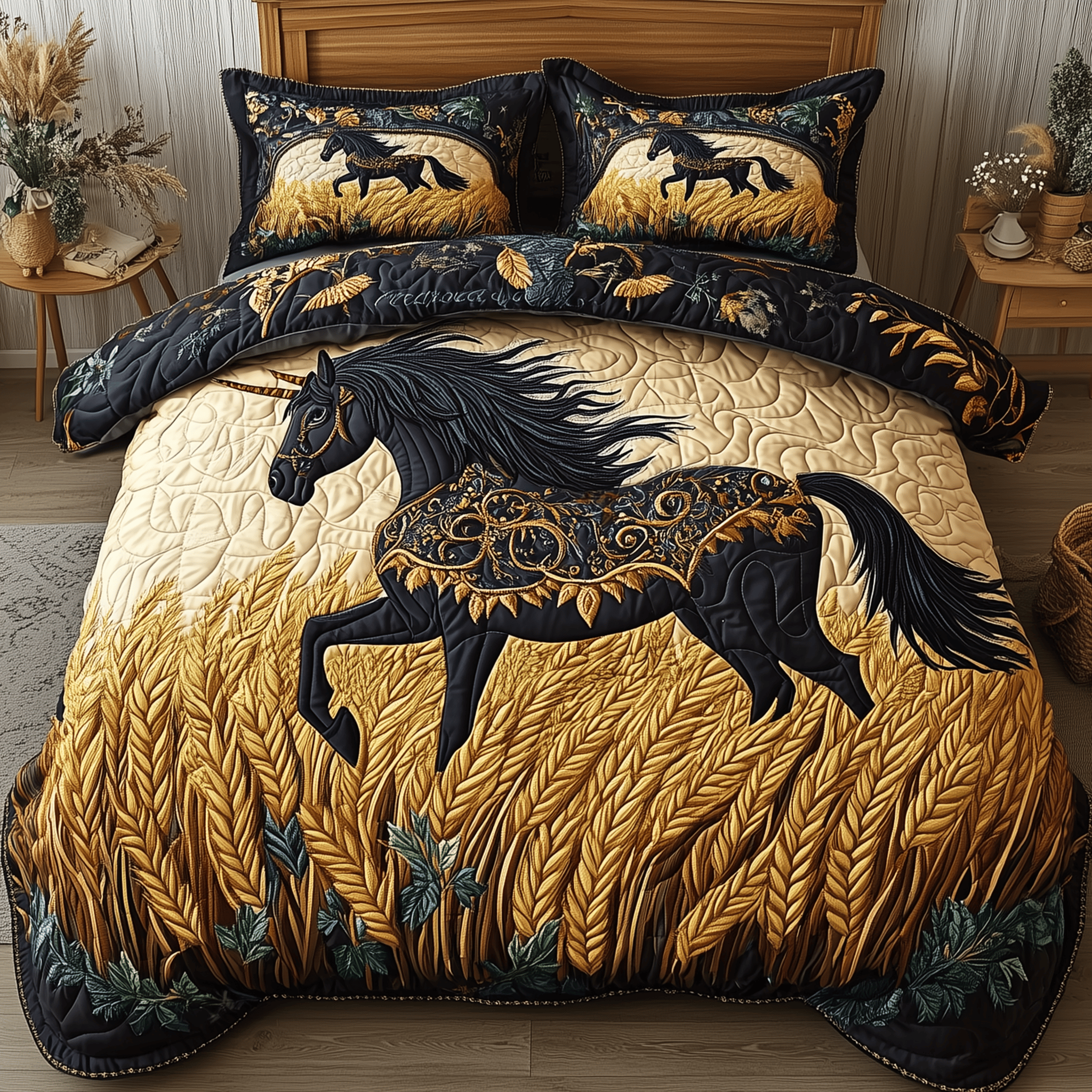 Golden Harvest Journey Quilted Bedding Set Unique Duvet Cover Bedspread Set Gifts For People Who Like Horses