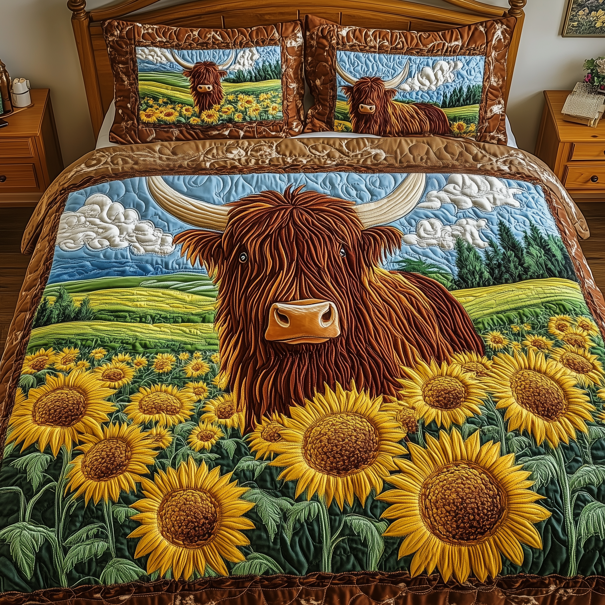 Golden Meadow Highland Cow Quilted Bedding Set Good Mothers Day Duvet Cover Set Gift For Cow Lover