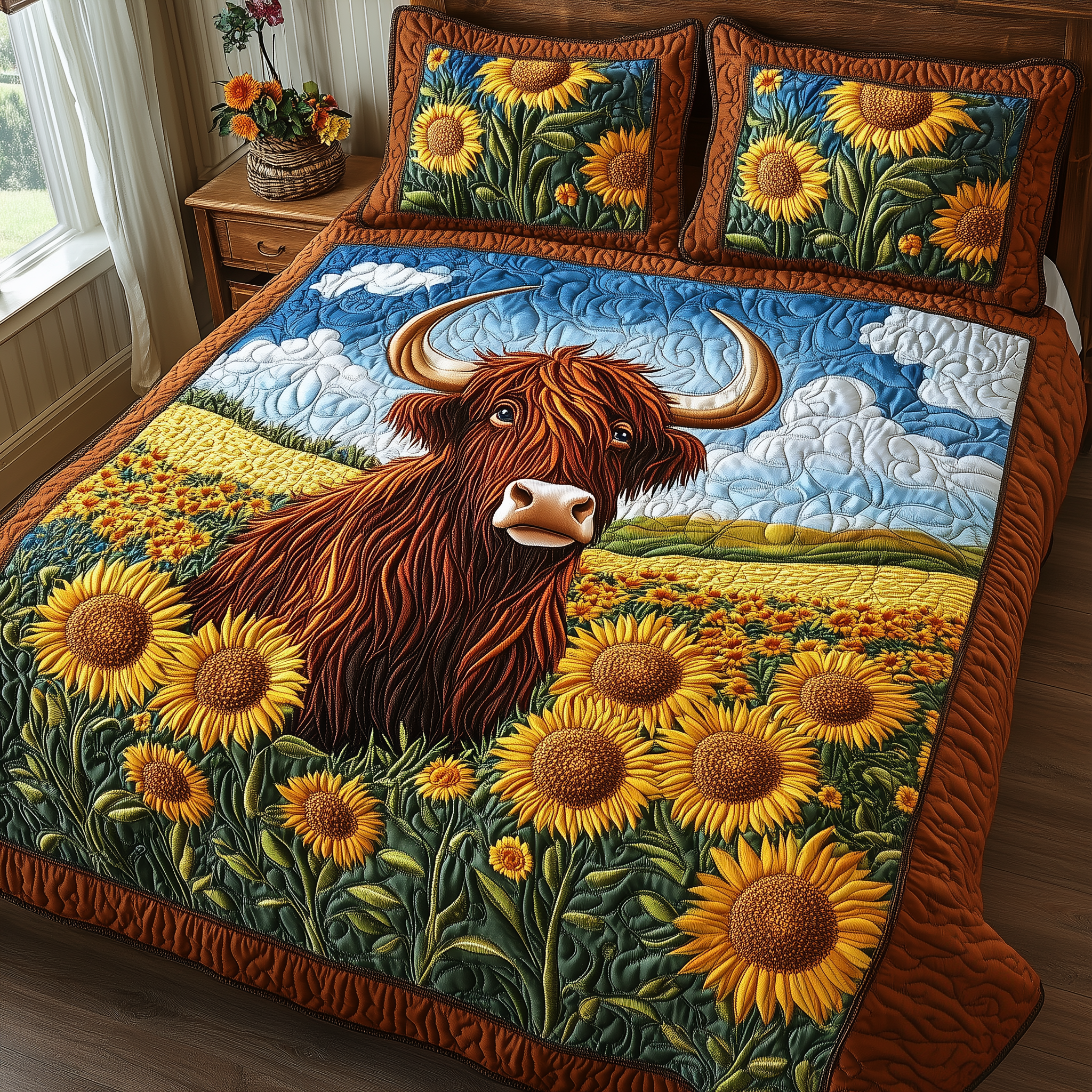 Golden Meadow Highland Cow Quilted Bedding Set Good Mothers Day Duvet Cover Set Gifts For Highland Cow Lovers