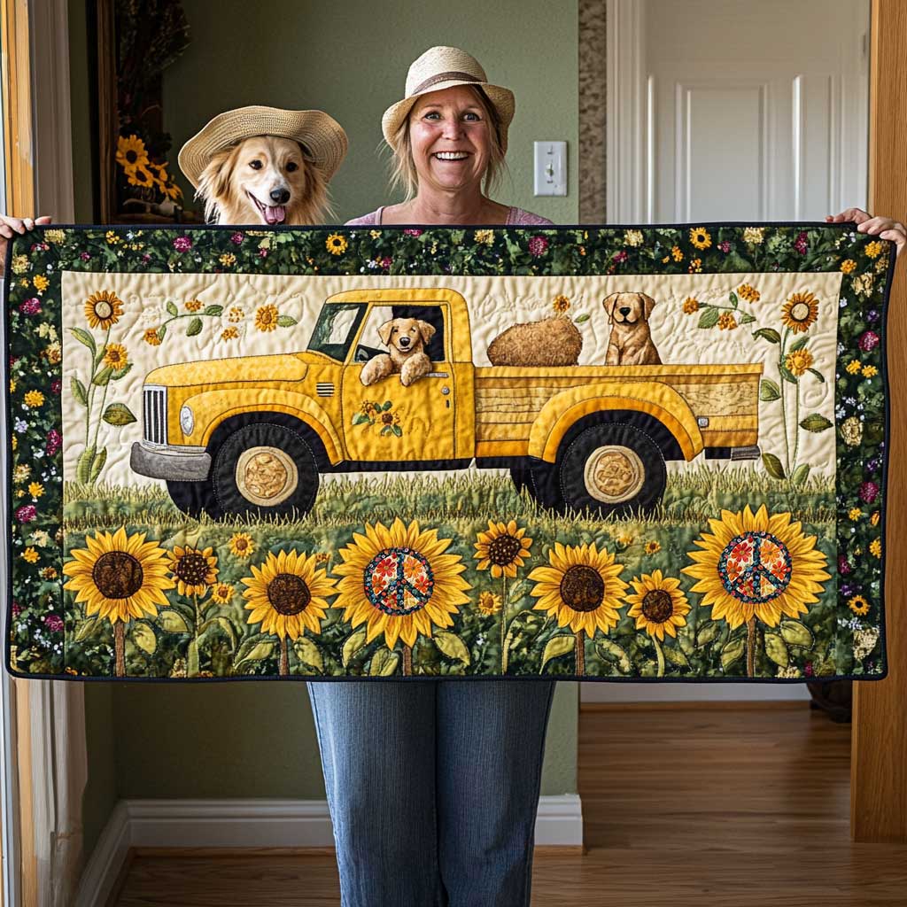 Golden Retriever Flower Ride Quilted Table Runner Merchandise Xmas Present For Dog Lovers